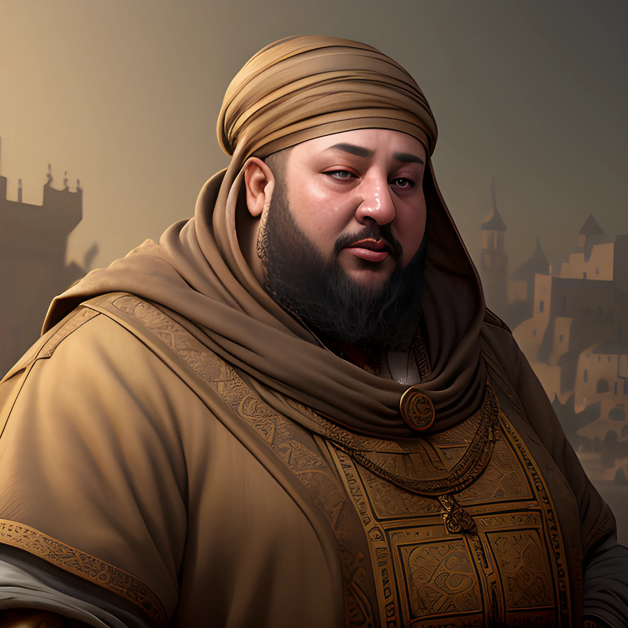 merchant, fat merchant, arabic merchant, gold, bags, 8k, high resolution, high quality, photorealistic, hyperealistic, detailed, detailed matte painting, deep color, fantastical, intricate detail, splash screen, complementary colors, fantasy concept art, 8k resolution trending on Artstation Unreal Engine 5