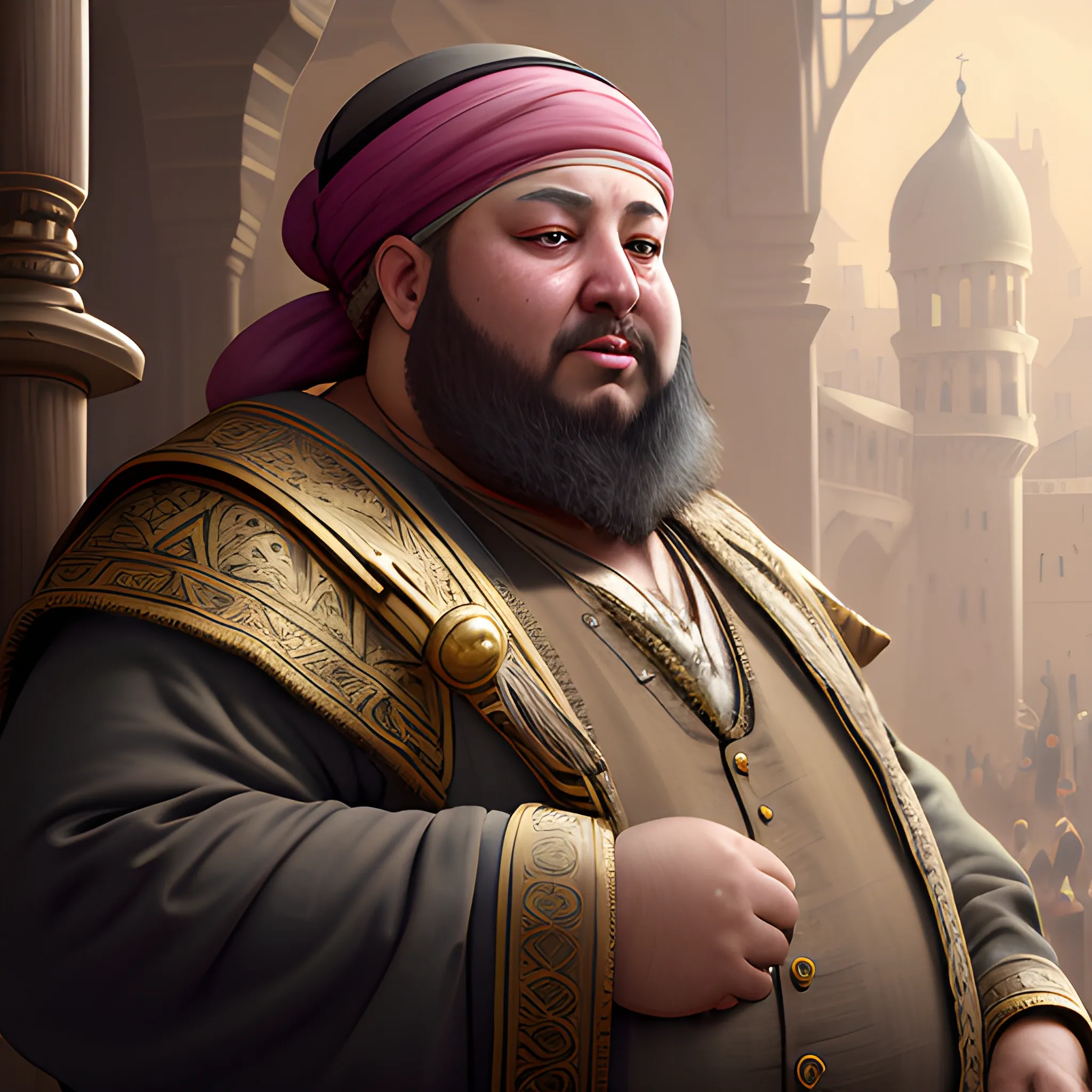 merchant, fat merchant, arabic merchant, gold, bags, 8k, high resolution, high quality, photorealistic, hyperealistic, detailed, detailed matte painting, deep color, fantastical, intricate detail, splash screen, complementary colors, fantasy concept art, 8k resolution trending on Artstation Unreal Engine 5