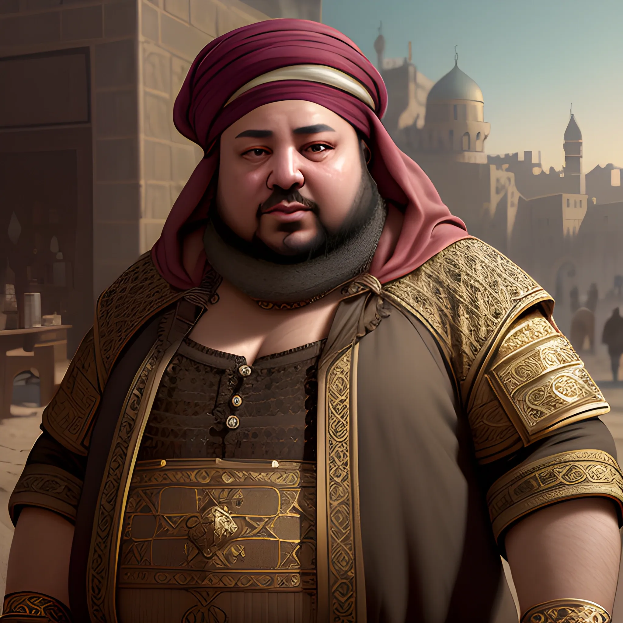 merchant, fat merchant, arabic merchant, gold, bags, 8k, high resolution, high quality, photorealistic, hyperealistic, detailed, detailed matte painting, deep color, fantastical, intricate detail, splash screen, complementary colors, fantasy concept art, 8k resolution trending on Artstation Unreal Engine 5