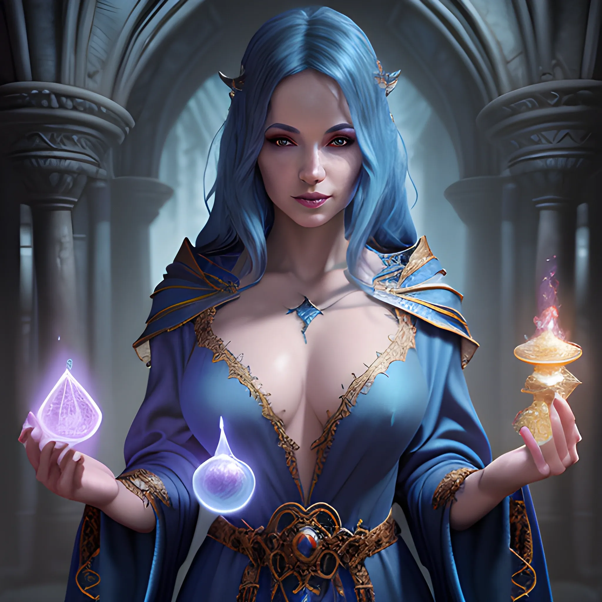 beautiful sorceress, magician, blue robe, breasty, 8k, high resolution, high quality, photorealistic, hyperealistic, detailed, detailed matte painting, deep color, fantastical, intricate detail, splash screen, complementary colors, fantasy concept art, 8k resolution trending on Artstation Unreal Engine 5