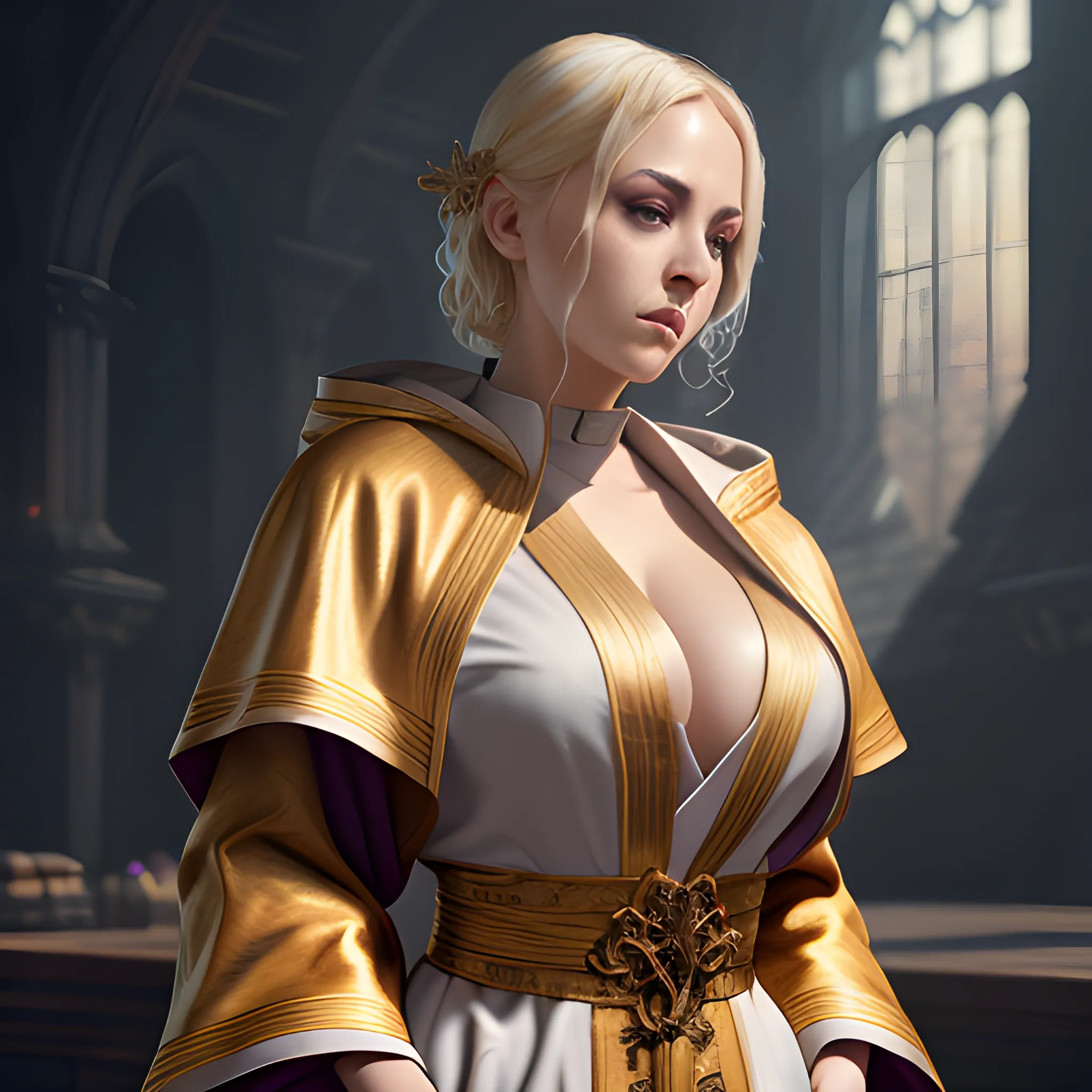 Priest, blonde, tight robe, breasty, 8k, high resolution, high quality, photorealistic, hyperealistic, detailed, detailed matte painting, deep color, fantastical, intricate detail, splash screen, complementary colors, fantasy concept art, 8k resolution trending on Artstation Unreal Engine 5