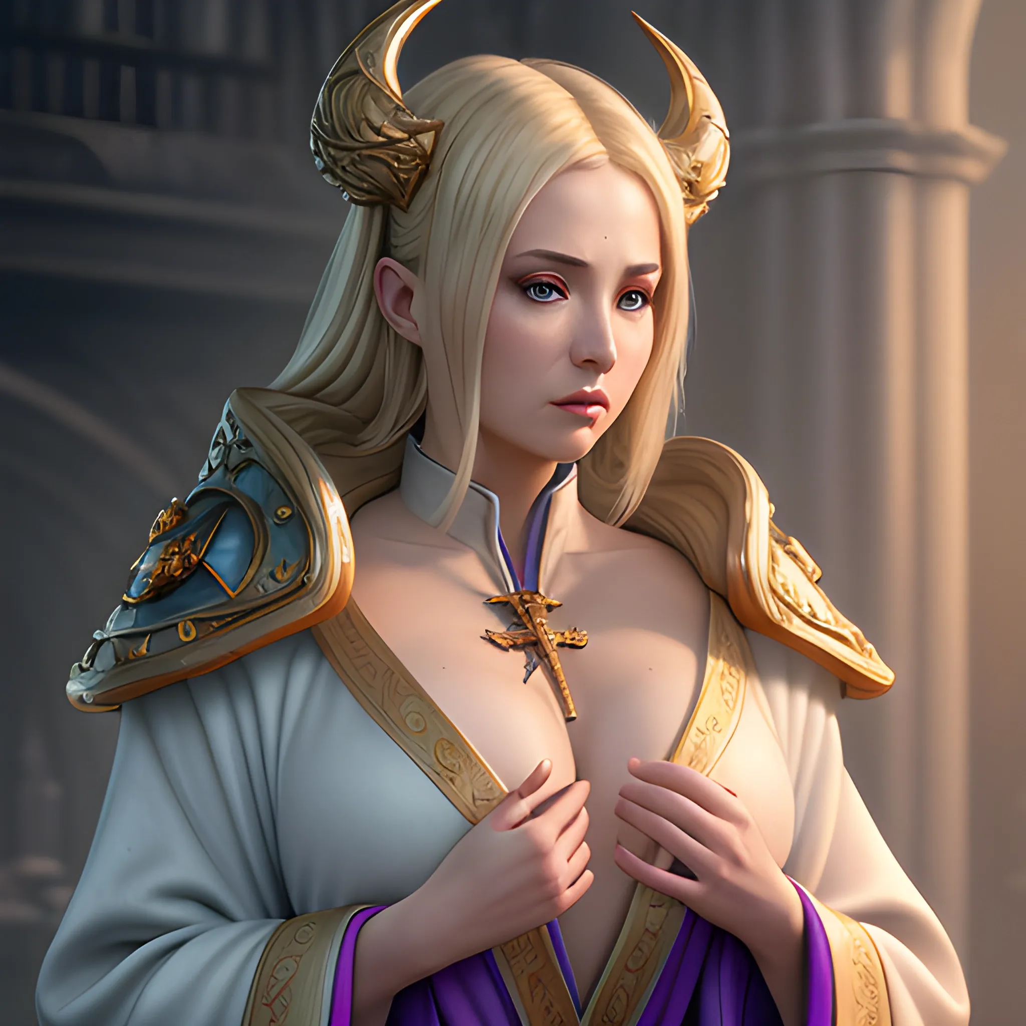 Holy Priest, blonde, tight robe, breasty, 8k, high resolution, high quality, photorealistic, hyperealistic, detailed, detailed matte painting, deep color, fantastical, intricate detail, splash screen, complementary colors, fantasy concept art, 8k resolution trending on Artstation Unreal Engine 5