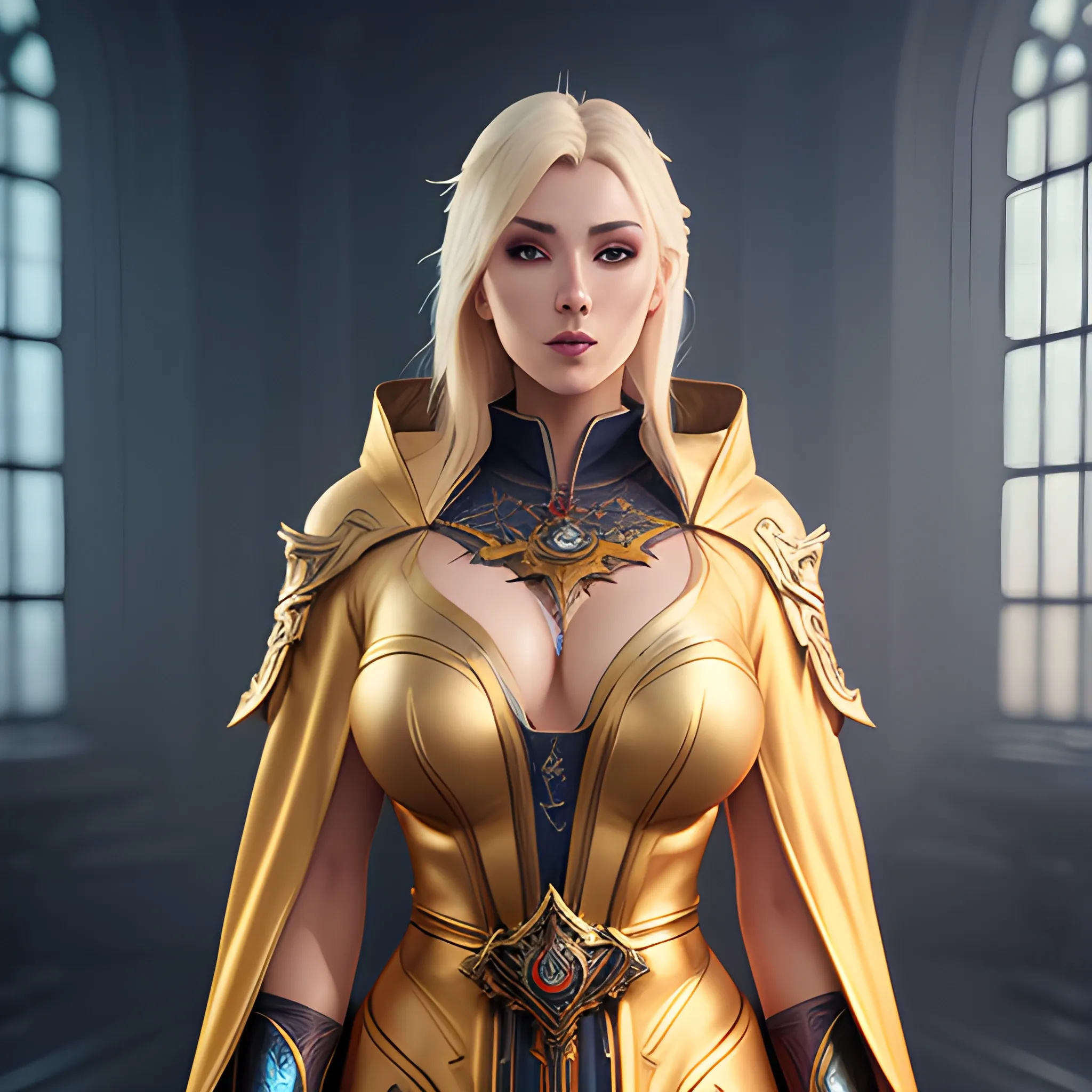 very young Holy Priest, blonde, tight robe, breasty, 8k, high resolution, high quality, photorealistic, hyperealistic, detailed, detailed matte painting, deep color, fantastical, intricate detail, splash screen, complementary colors, fantasy concept art, 8k resolution trending on Artstation Unreal Engine 5