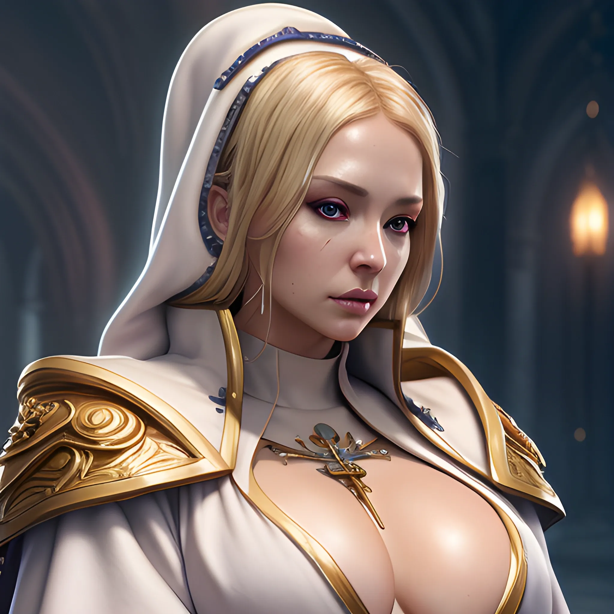 Holy Priest, blonde, tight robe, very breasty, 8k, high resolution, high quality, photorealistic, hyperealistic, detailed, detailed matte painting, deep color, fantastical, intricate detail, splash screen, complementary colors, fantasy concept art, 8k resolution trending on Artstation Unreal Engine 5