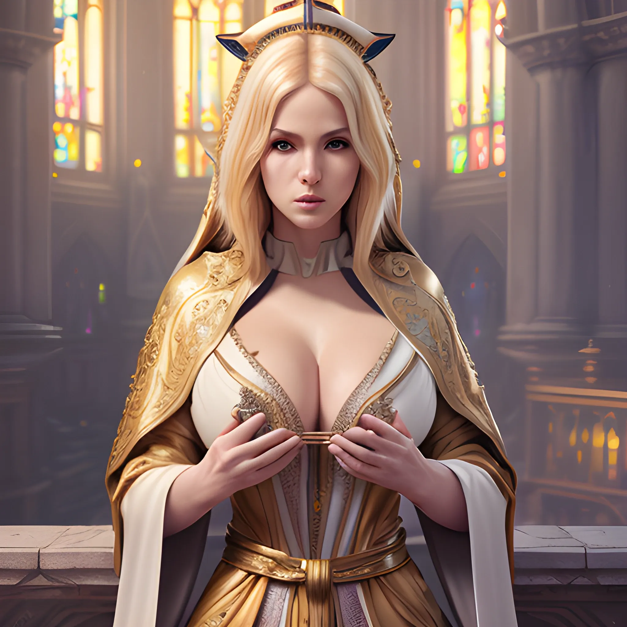 Holy Priest, blonde, tight robe, very breasty, 8k, high resolution, high quality, photorealistic, hyperealistic, detailed, detailed matte painting, deep color, fantastical, intricate detail, splash screen, complementary colors, fantasy concept art, 8k resolution trending on Artstation Unreal Engine 5