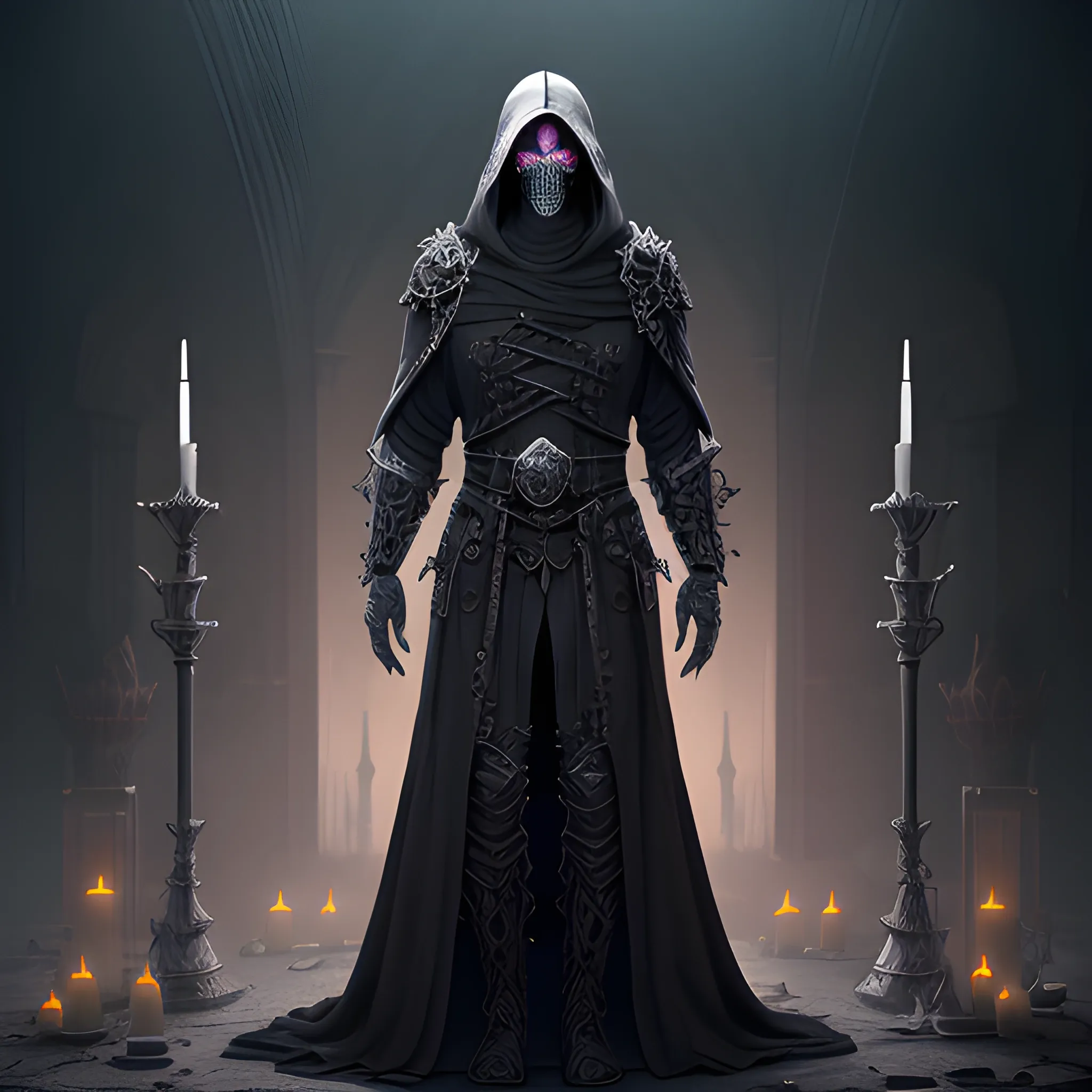 necromancer, black robe, white mask, full body view, 8k, high re 