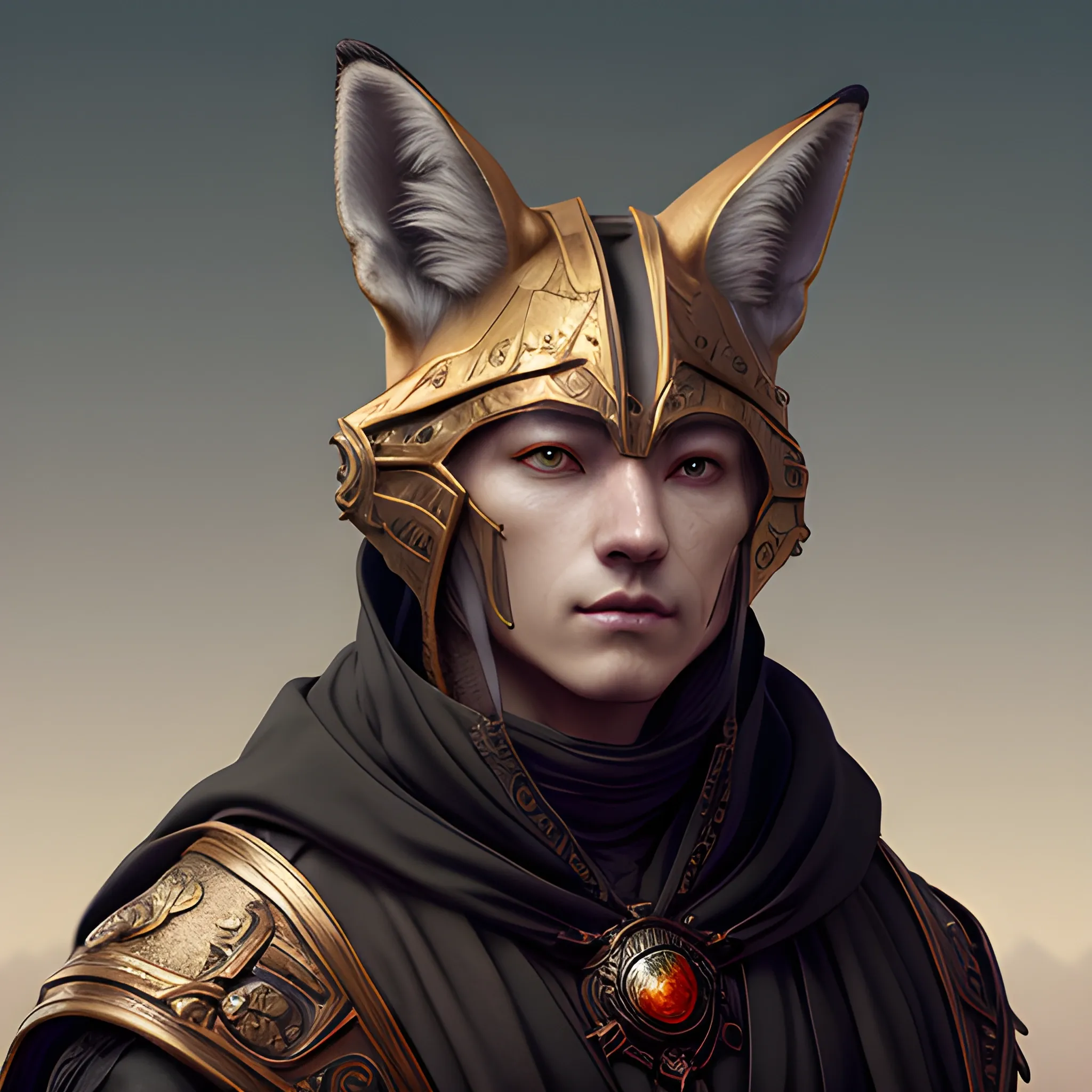 human with fox head, male, black robe, high fantasy, 8k, high resolution, high quality, photorealistic, hyperealistic, detailed, detailed matte painting, deep color, fantastical, intricate detail, splash screen, complementary colors, fantasy concept art, 8k resolution trending on Artstation Unreal Engine 5