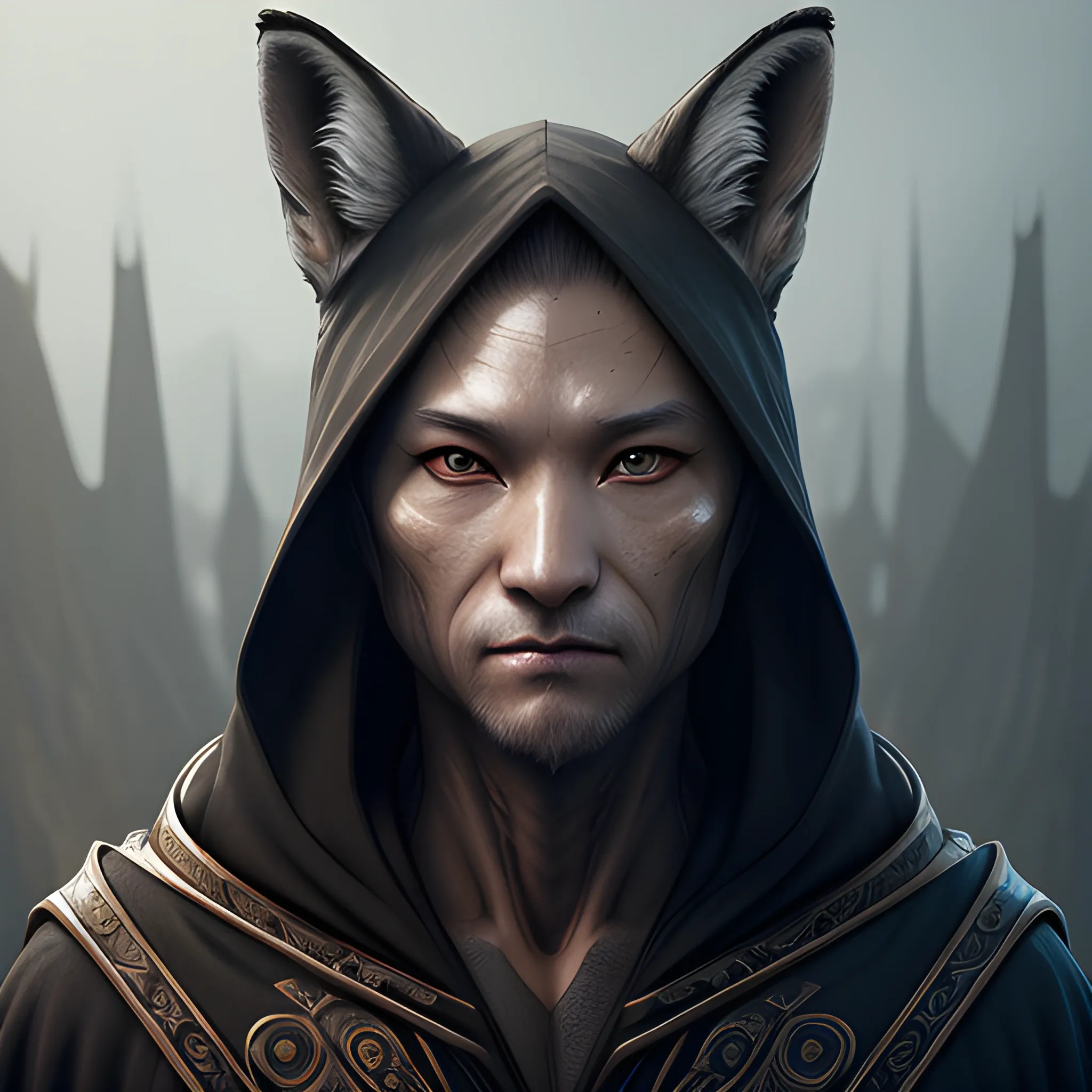 human with fox face, male, black robe, 8k, high resolution, high quality, photorealistic, hyperealistic, detailed, detailed matte painting, deep color, fantastical, intricate detail, splash screen, complementary colors, fantasy concept art, 8k resolution trending on Artstation Unreal Engine 5