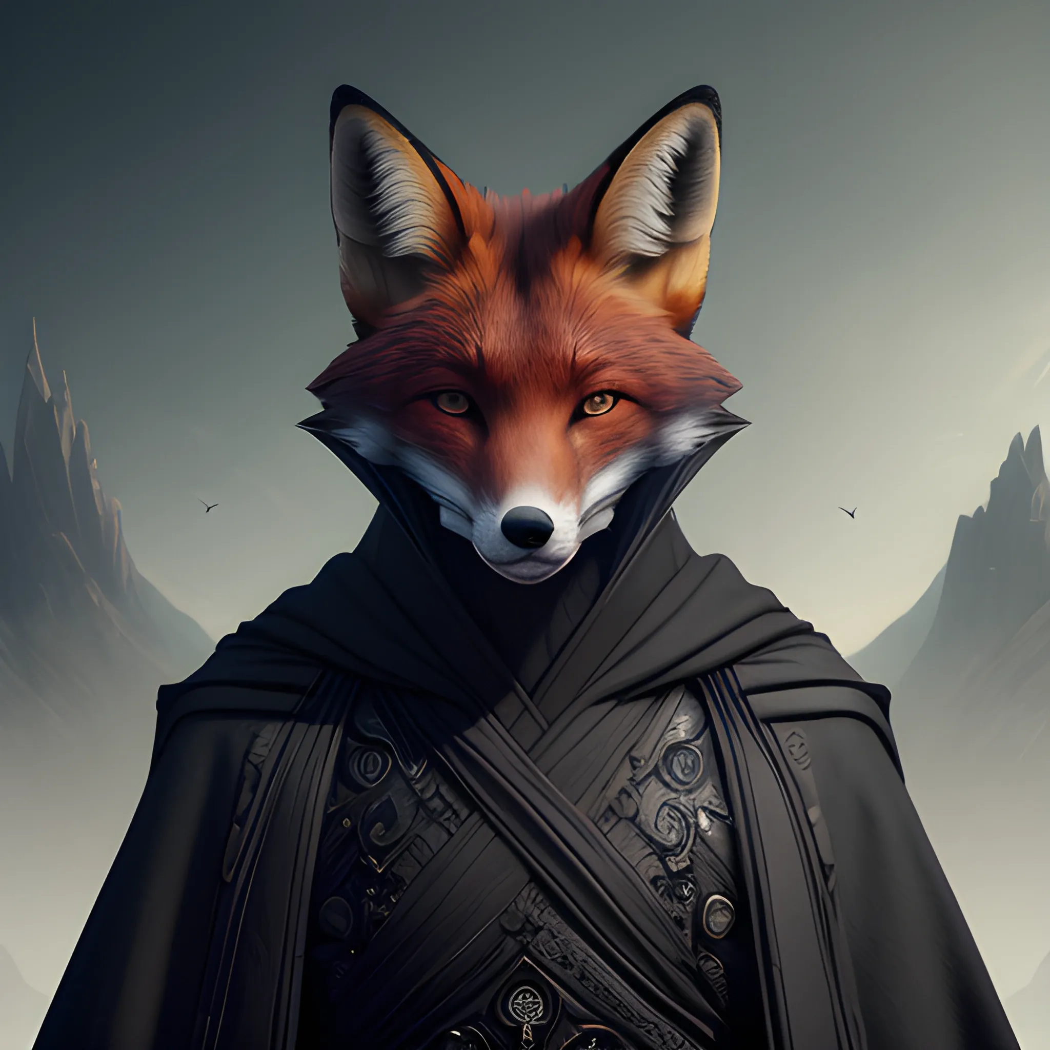 human with fox face, male, black robe, view above waist, 8k, high resolution, high quality, detailed, detailed matte painting, deep color, fantastical, intricate detail, splash screen, complementary colors, fantasy concept art, 8k resolution trending on Artstation Unreal Engine 5