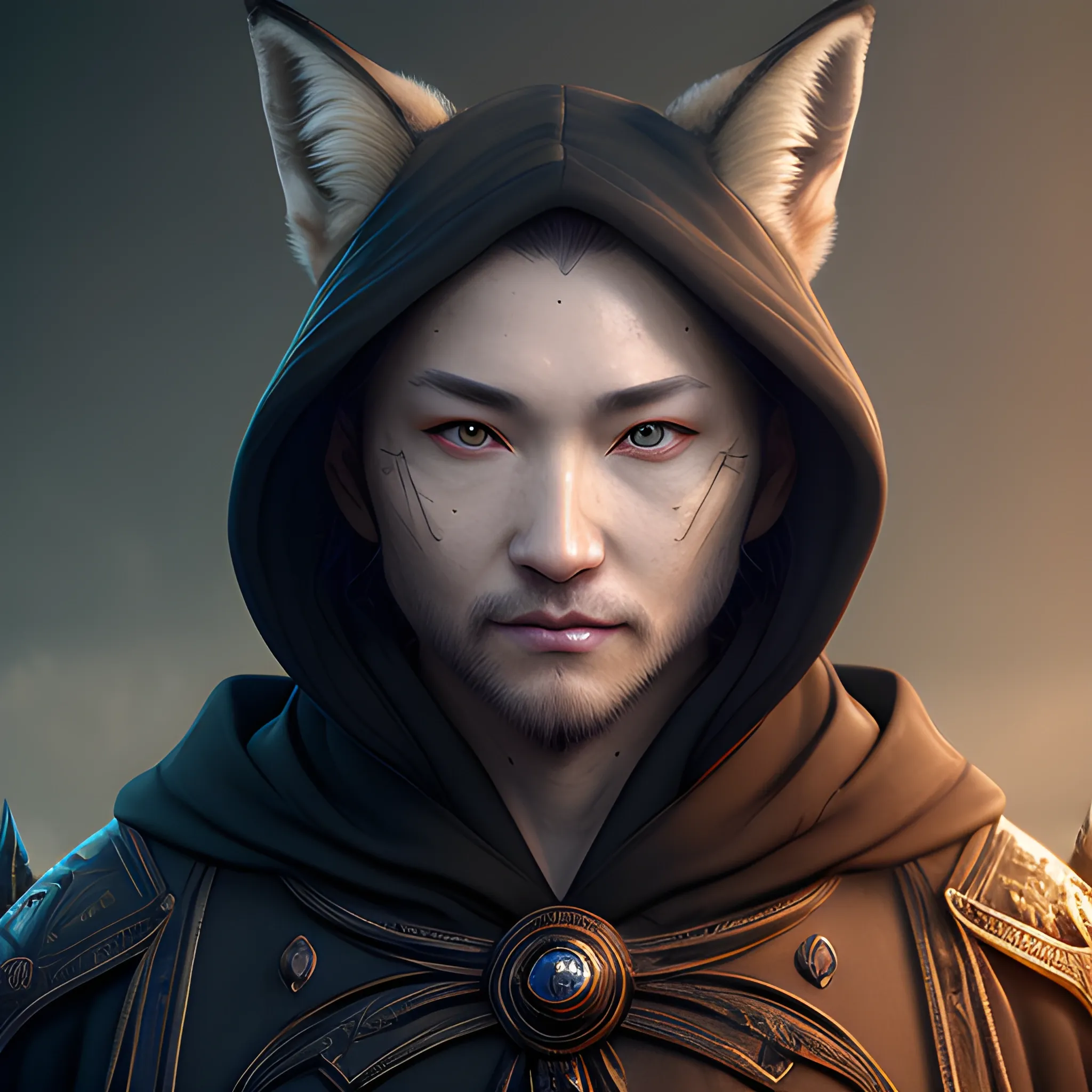 human with fox face, male, black robe, view above waist, 8k, high resolution, high quality, hyperrealistic, photorealistic, detailed, detailed matte painting, deep color, fantastical, intricate detail, splash screen, complementary colors, fantasy concept art, 8k resolution trending on Artstation Unreal Engine 5