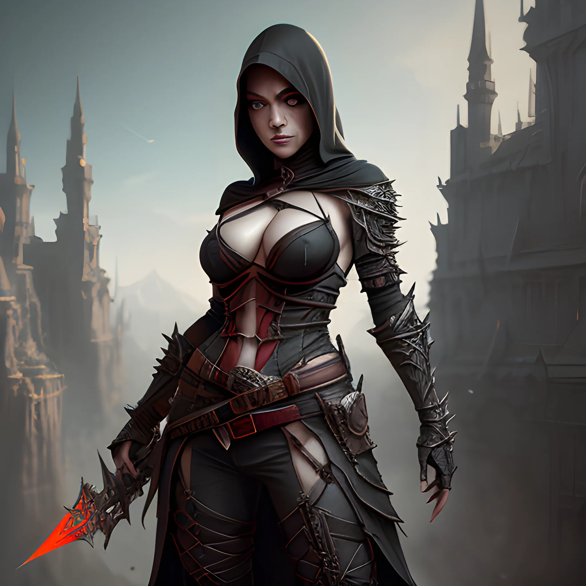 assasin female, breasty, black, daggers, 8k, high resolution, high quality, detailed, detailed matte painting, deep color, fantastical, intricate detail, splash screen, complementary colors, fantasy concept art, 8k resolution trending on Artstation Unreal Engine 5