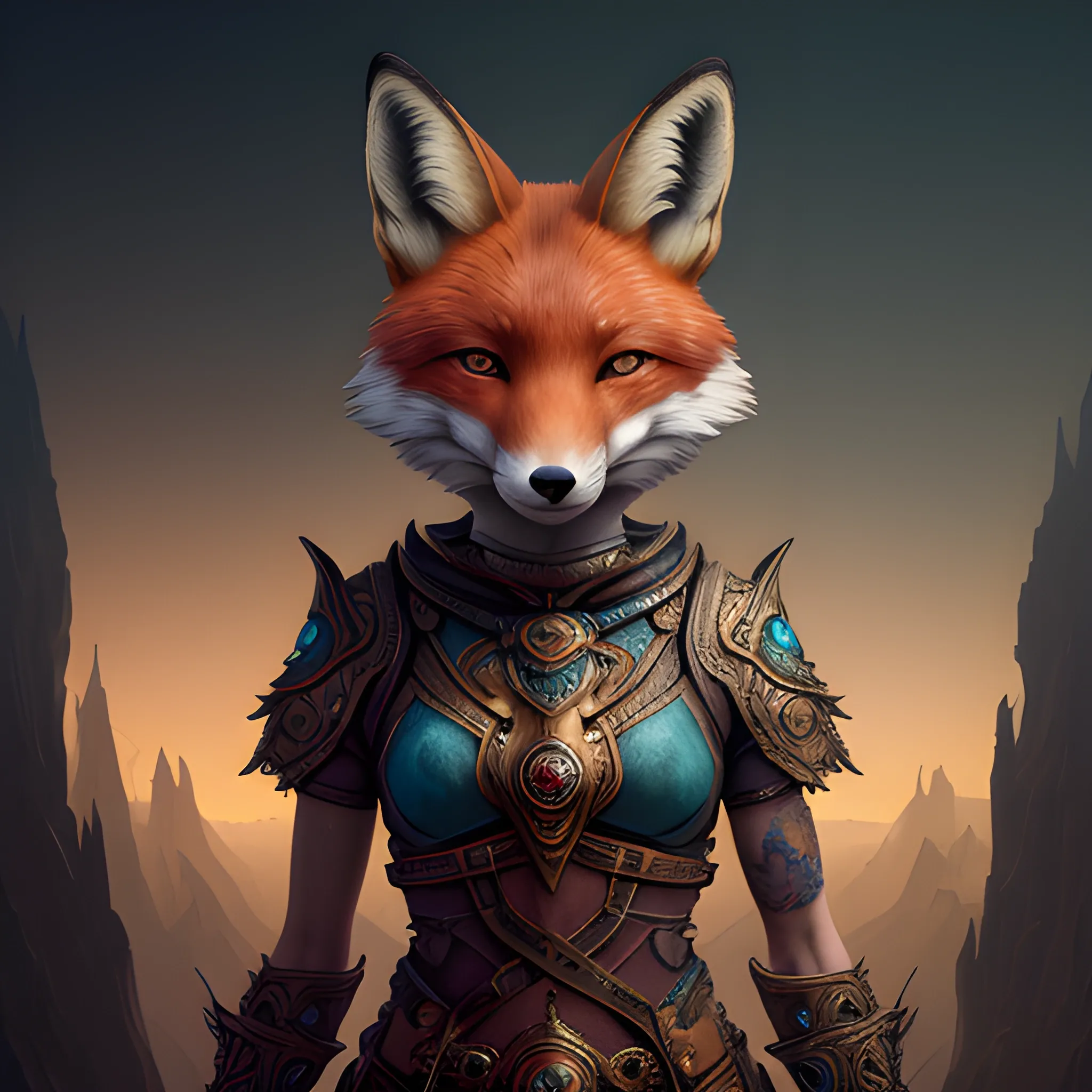 human with fox head, view above waist, 8k, high resolution, high quality, detailed, detailed matte painting, deep color, fantastical, intricate detail, splash screen, complementary colors, fantasy concept art, 8k resolution trending on Artstation Unreal Engine 5