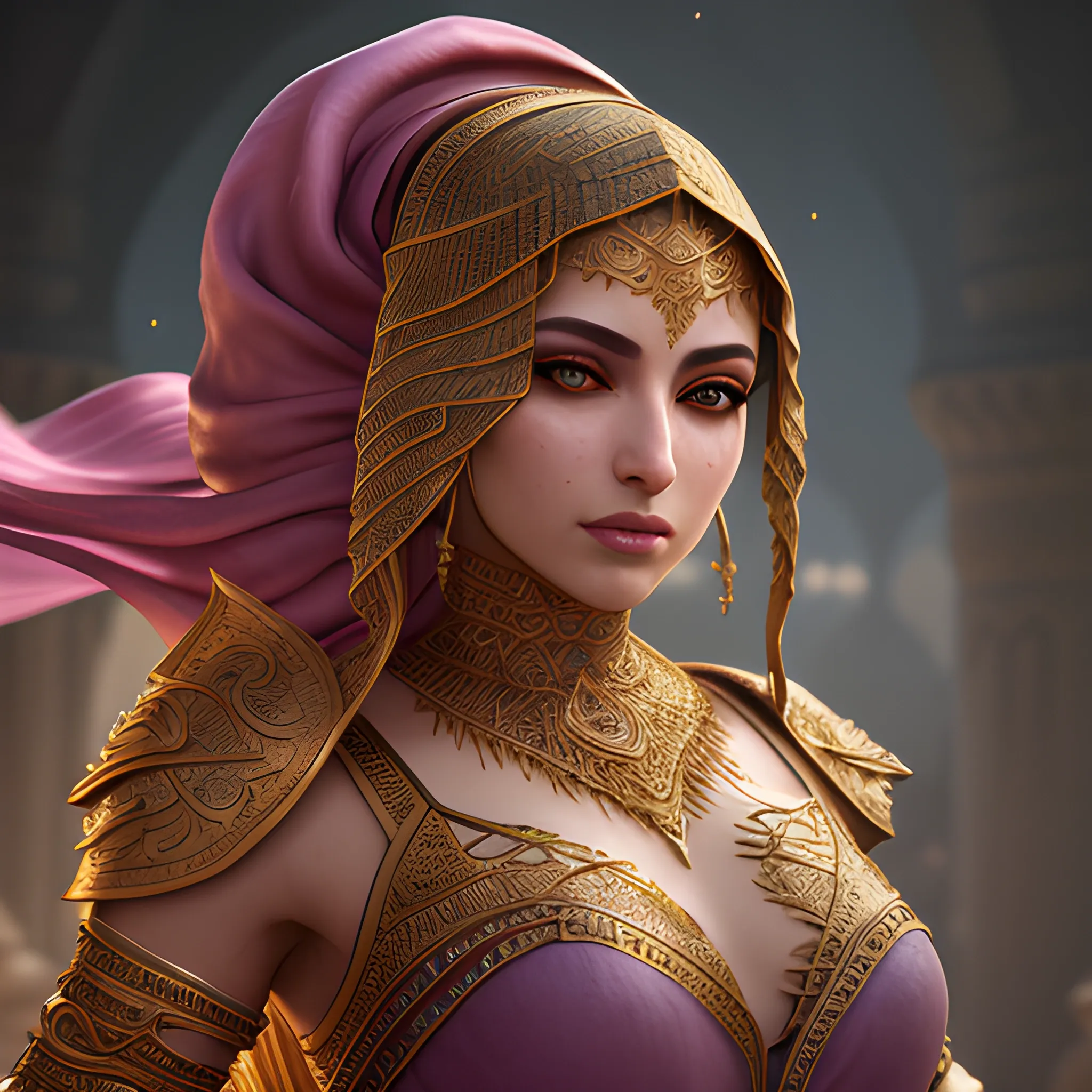 arabic dancer, female, beautiful, inside, high fantasy, photorealistic, hyperrealistic, 8k, high resolution, high quality, detailed, detailed matte painting, deep color, fantastical, intricate detail, splash screen, complementary colors, fantasy concept art, 8k resolution trending on Artstation Unreal Engine 5