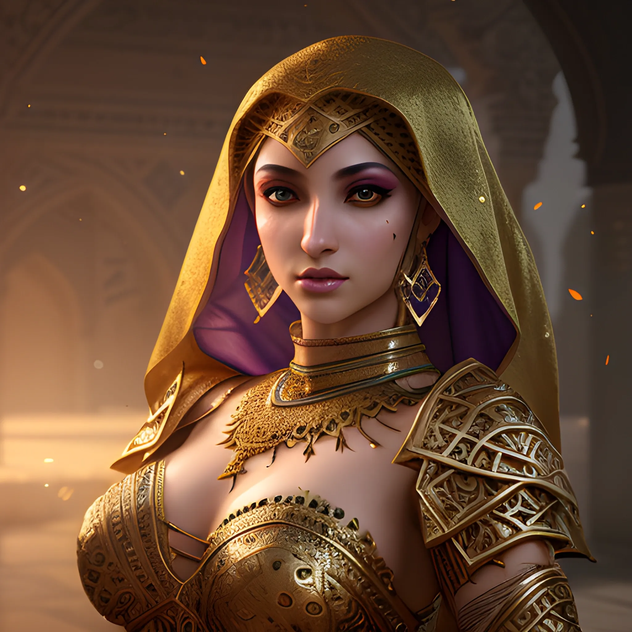 arabic dancer, female, beautiful, inside, high fantasy, photorealistic, hyperrealistic, 8k, high resolution, high quality, detailed, detailed matte painting, deep color, fantastical, intricate detail, splash screen, complementary colors, fantasy concept art, 8k resolution trending on Artstation Unreal Engine 5