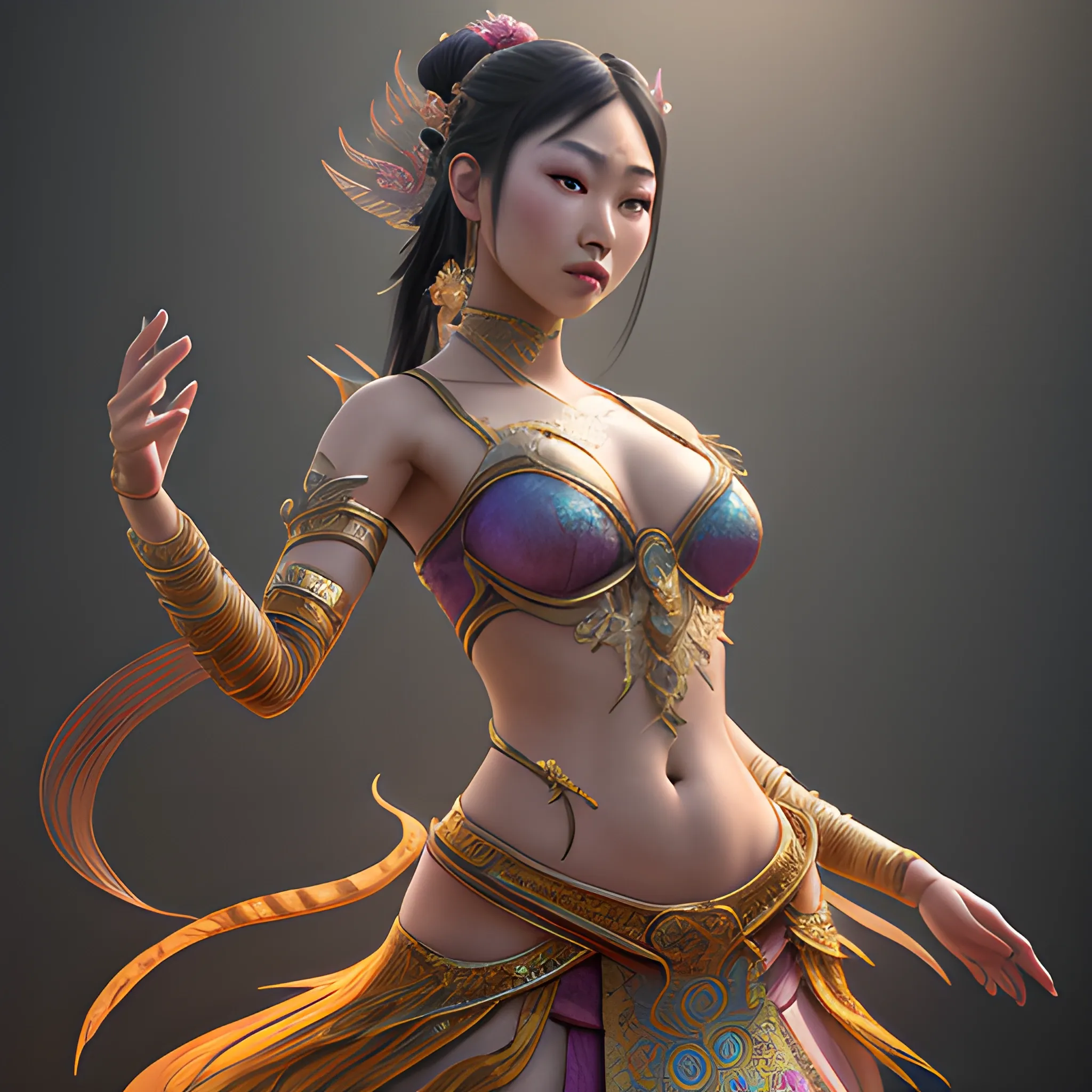 asian dancer, female, beautiful, inside, high fantasy, photorealistic, hyperrealistic, 8k, high resolution, high quality, detailed, detailed matte painting, deep color, fantastical, intricate detail, splash screen, complementary colors, fantasy concept art, 8k resolution trending on Artstation Unreal Engine 5