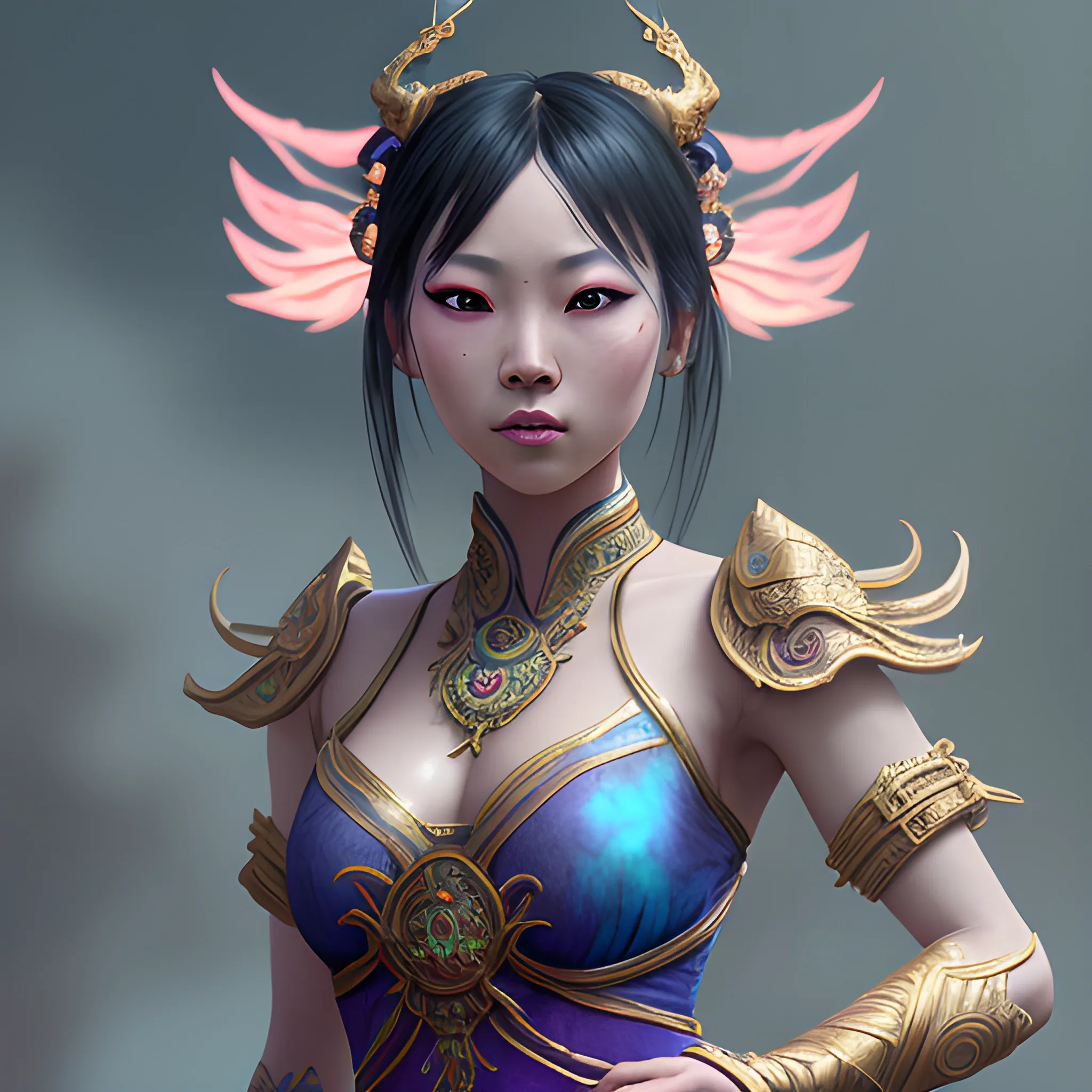 asian dancer, female, beautiful, inside, high fantasy, photorealistic, hyperrealistic, 8k, high resolution, high quality, detailed, detailed matte painting, deep color, fantastical, intricate detail, splash screen, complementary colors, fantasy concept art, 8k resolution trending on Artstation Unreal Engine 5