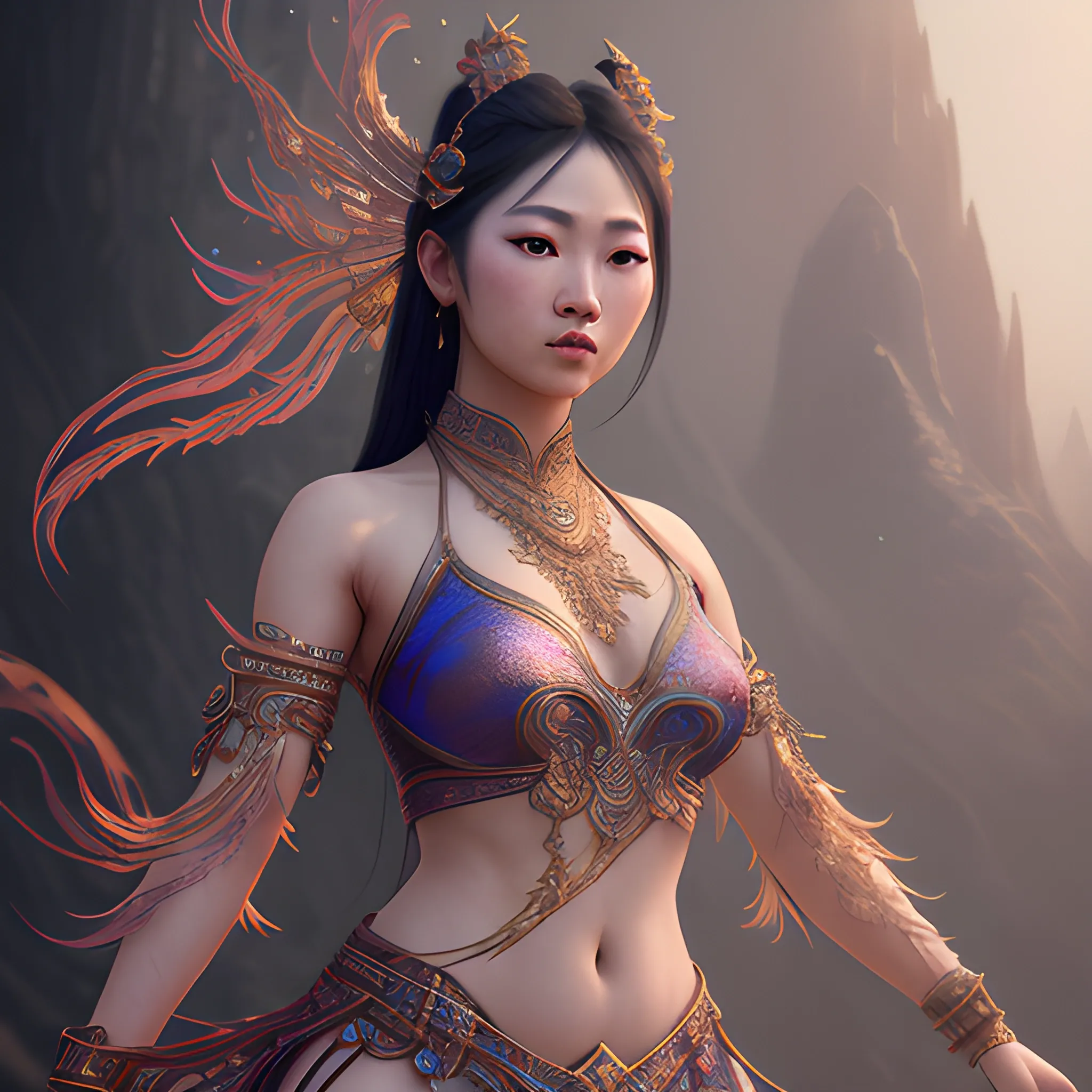 asian dancer, female, beautiful, inside, high fantasy, photorealistic, hyperrealistic, 8k, high resolution, high quality, detailed, detailed matte painting, deep color, fantastical, intricate detail, splash screen, complementary colors, fantasy concept art, 8k resolution trending on Artstation Unreal Engine 5