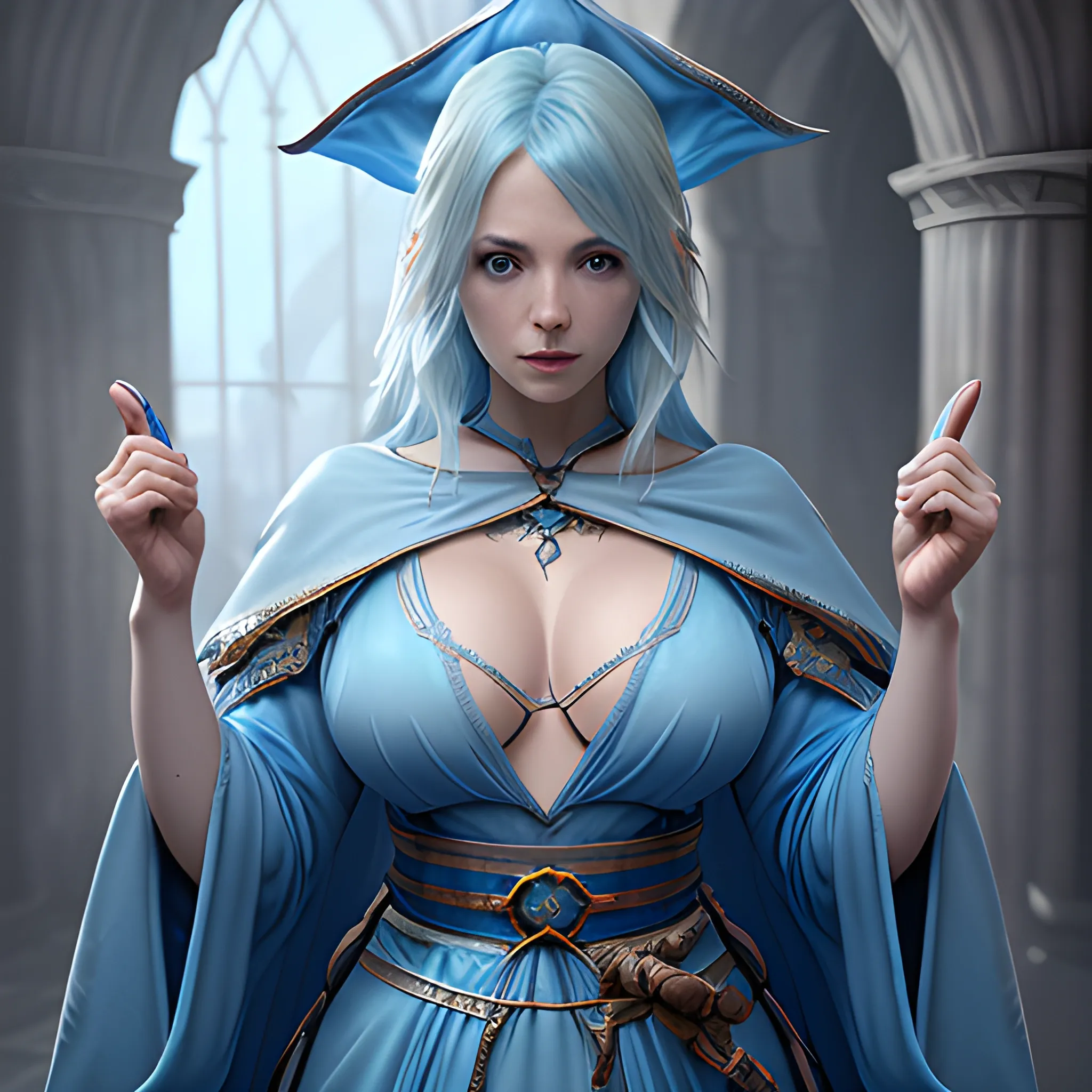 blue mage, blue hairs, transparent, blue robe, breasty, photorealistic, hyperrealistic, 8k, high resolution, high quality, detailed, detailed matte painting, deep color, fantastical, intricate detail, splash screen, complementary colors, fantasy concept art, 8k resolution trending on Artstation Unreal Engine 5