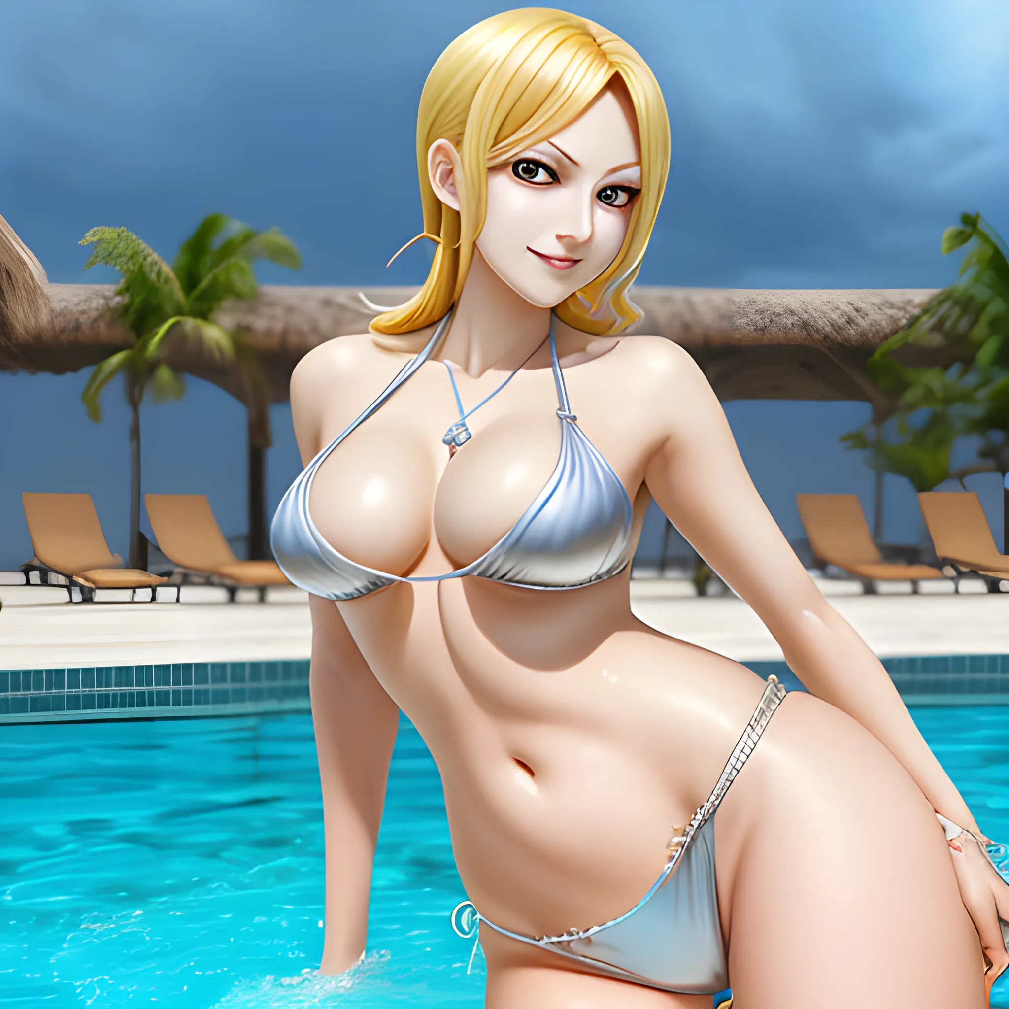 masterpiece, best quality, beautiful nami from onepiece with beautiful sensuous eyes, sensuous smile, blond kawaii hair, light makeup, photorealistic face, detailed skin, silver neckless, Puffy belly, wearing bikini, hotel pool