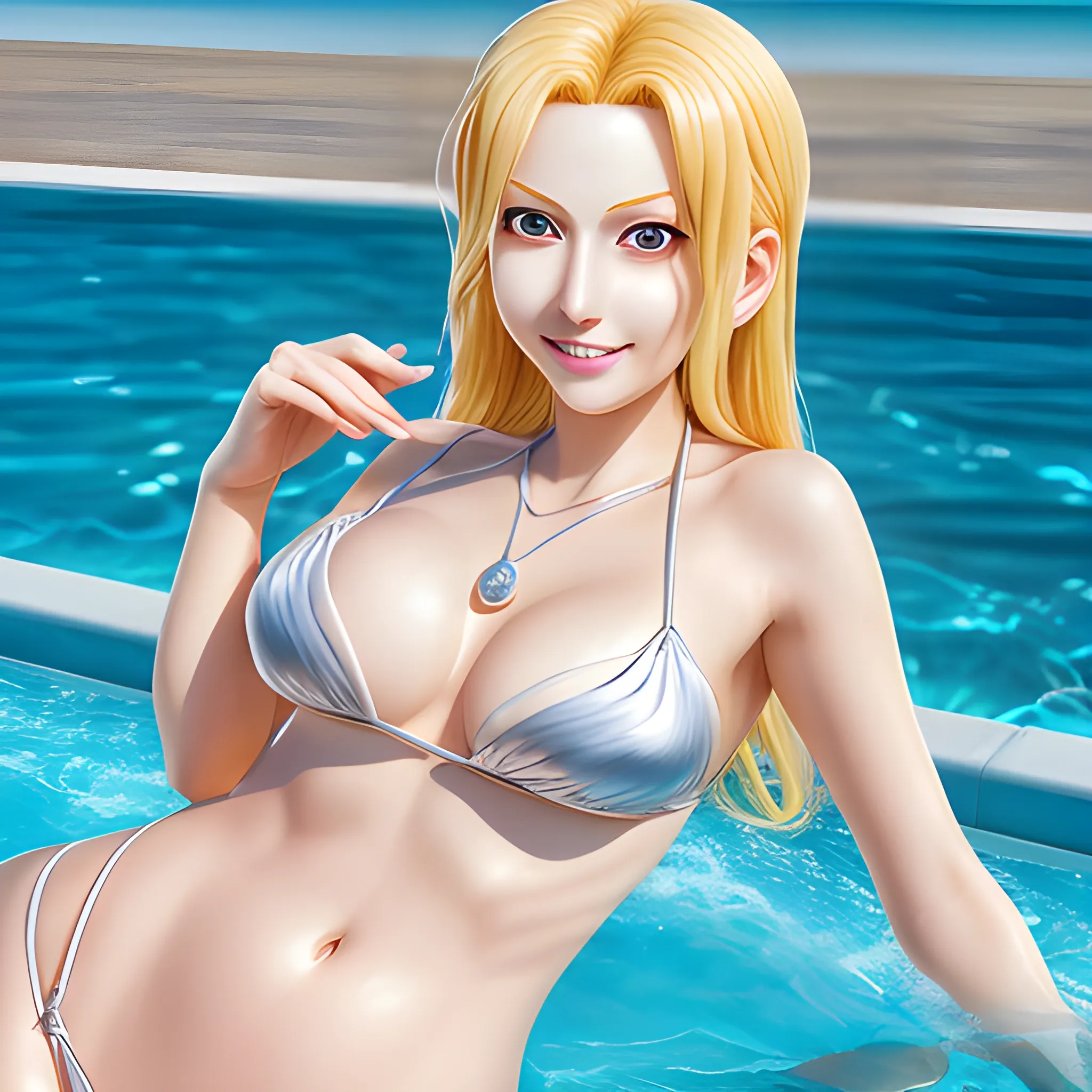 masterpiece, best quality, beautiful nami from onepiece with beautiful sensuous eyes, sensuous smile, blond kawaii hair, light makeup, photorealistic face, detailed skin, silver neckless, Puffy belly, wearing bikini, hotel pool