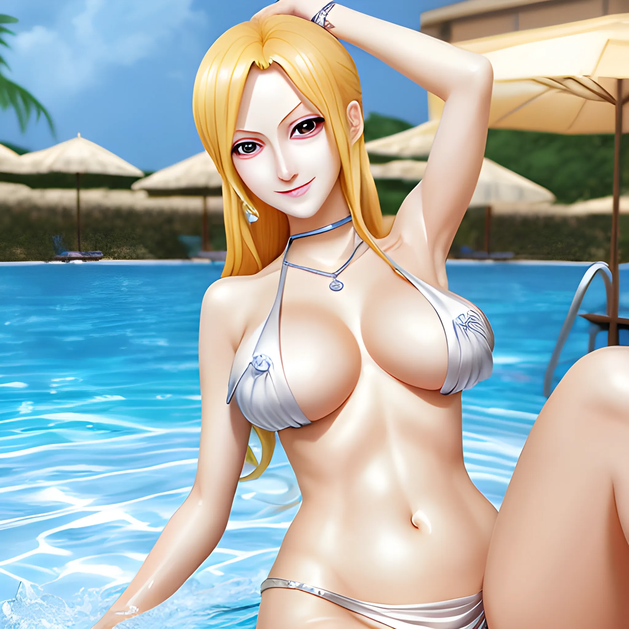 masterpiece, best quality, beautiful nami from onepiece with beautiful sensuous eyes, sensuous smile, blond kawaii hair, light makeup, photorealistic face, detailed skin, silver neckless, Puffy belly, undressing, hotel pool