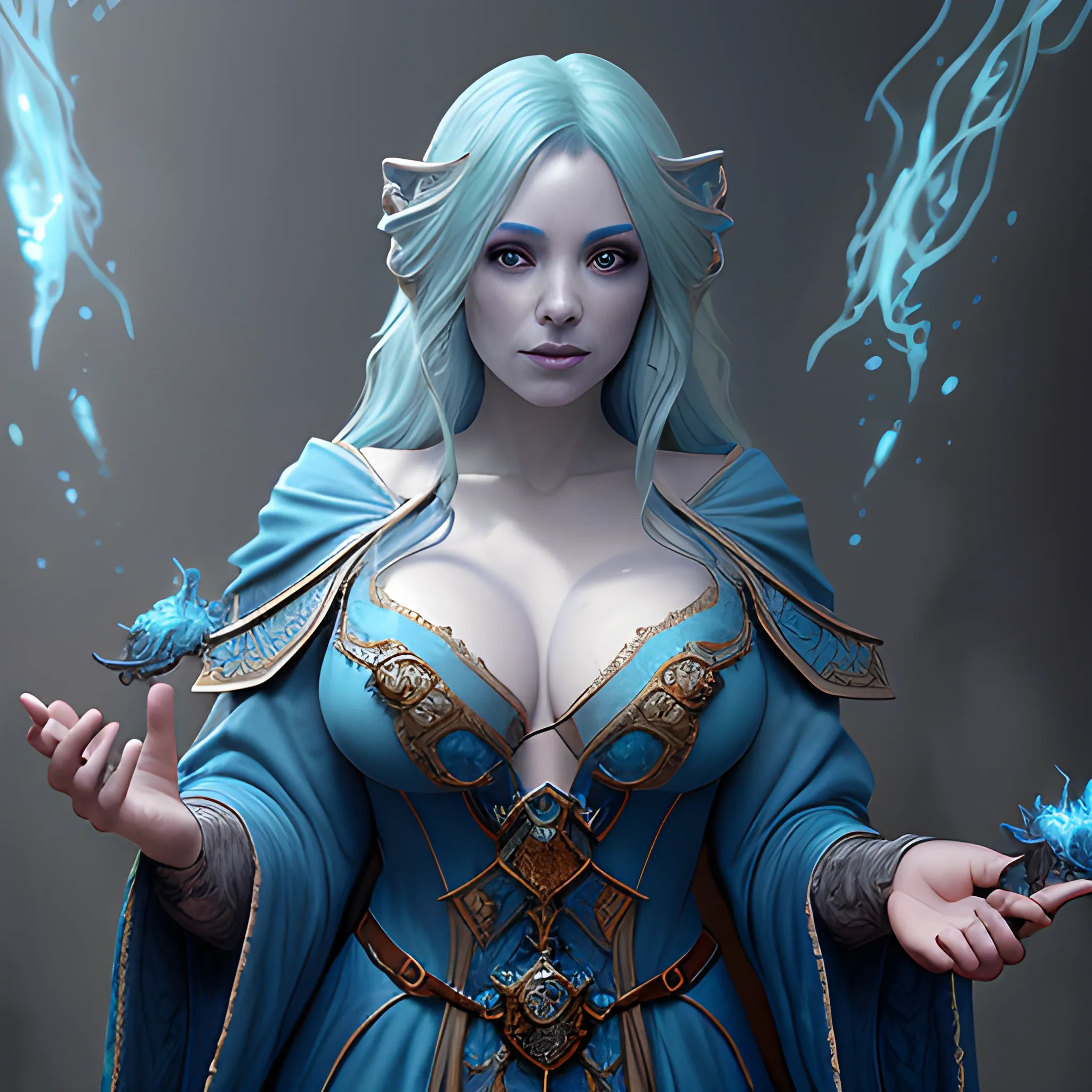 sorceress, blue mage, blue hairs, blue robe, breasty, photorealistic, hyperrealistic, 8k, high resolution, high quality, detailed, detailed matte painting, deep color, fantastical, intricate detail, splash screen, complementary colors, fantasy concept art, 8k resolution trending on Artstation Unreal Engine 5