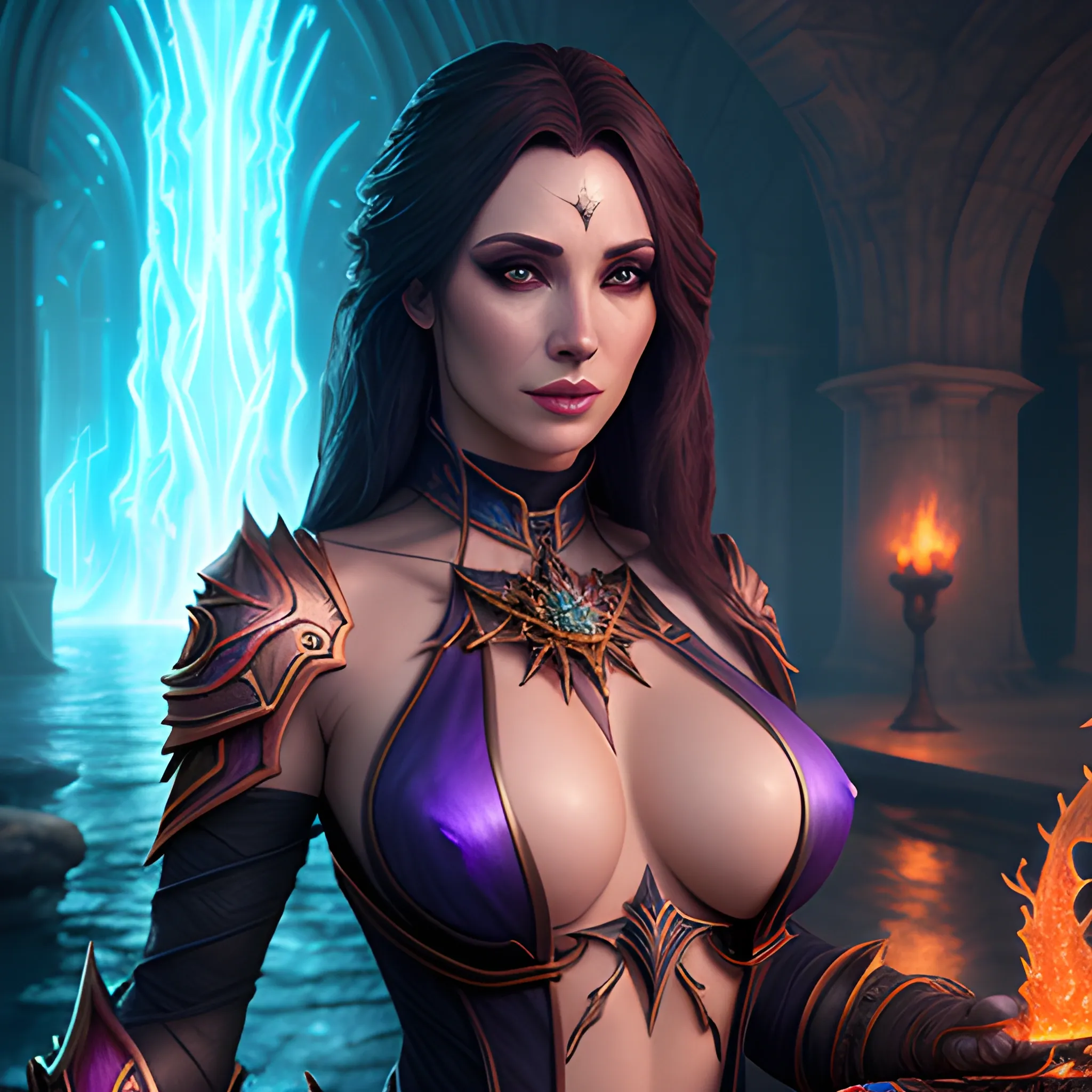 young sorceress, breasty, spell, magic, fire, water, elements, photorealistic, hyperrealistic, 8k, high resolution, high quality, detailed, detailed matte painting, deep color, fantastical, intricate detail, splash screen, complementary colors, fantasy concept art, 8k resolution trending on Artstation Unreal Engine 5