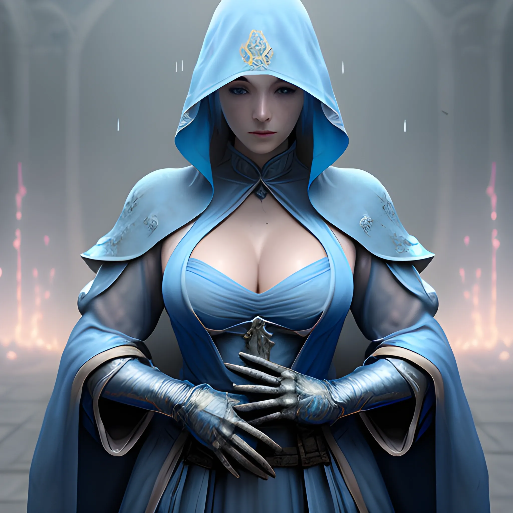 blue mage, blue robe, ghost, transparent, breasty, high fantasy, photorealistic, hyperrealistic, 8k, high resolution, high quality, detailed, detailed matte painting, deep color, fantastical, intricate detail, splash screen, complementary colors, fantasy concept art, 8k resolution trending on Artstation Unreal Engine 5