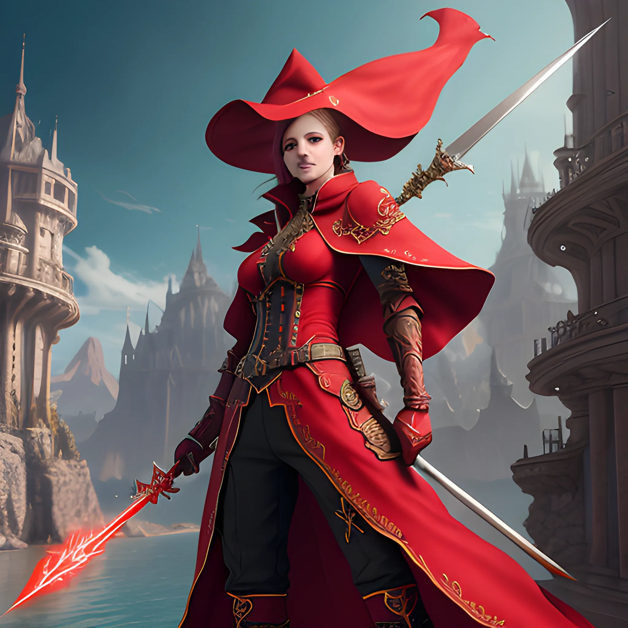 red mage with rapier in hand, 8k, high resolution, high quality, detailed, detailed matte painting, deep color, fantastical, intricate detail, splash screen, complementary colors, fantasy concept art, 8k resolution trending on Artstation Unreal Engine 5