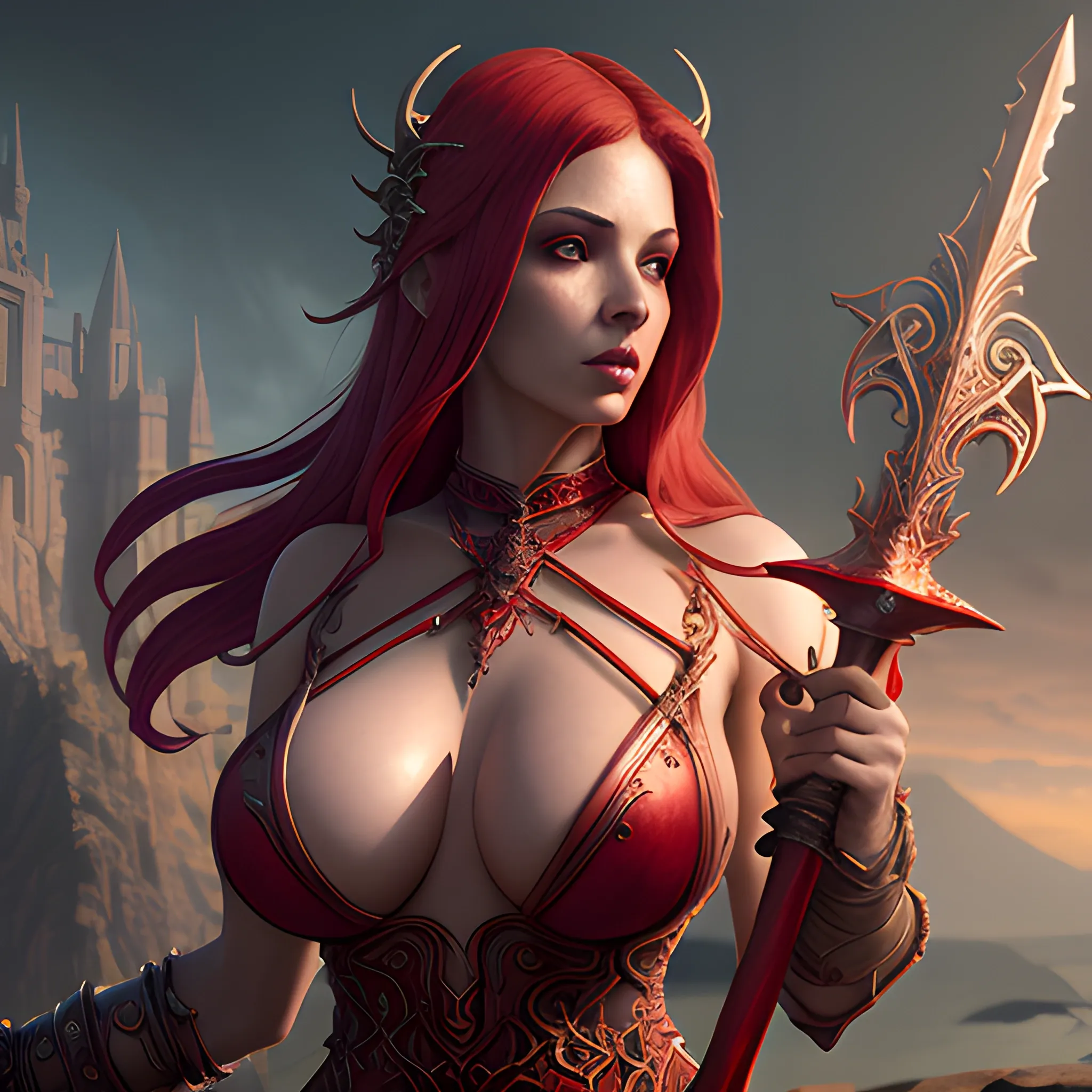 red sorceress with sword in hand, big breasty, skimpy clothes, photorealistic, 8k, high resolution, high quality, detailed, detailed matte painting, deep color, fantastical, intricate detail, splash screen, complementary colors, fantasy concept art, 8k resolution trending on Artstation Unreal Engine 5