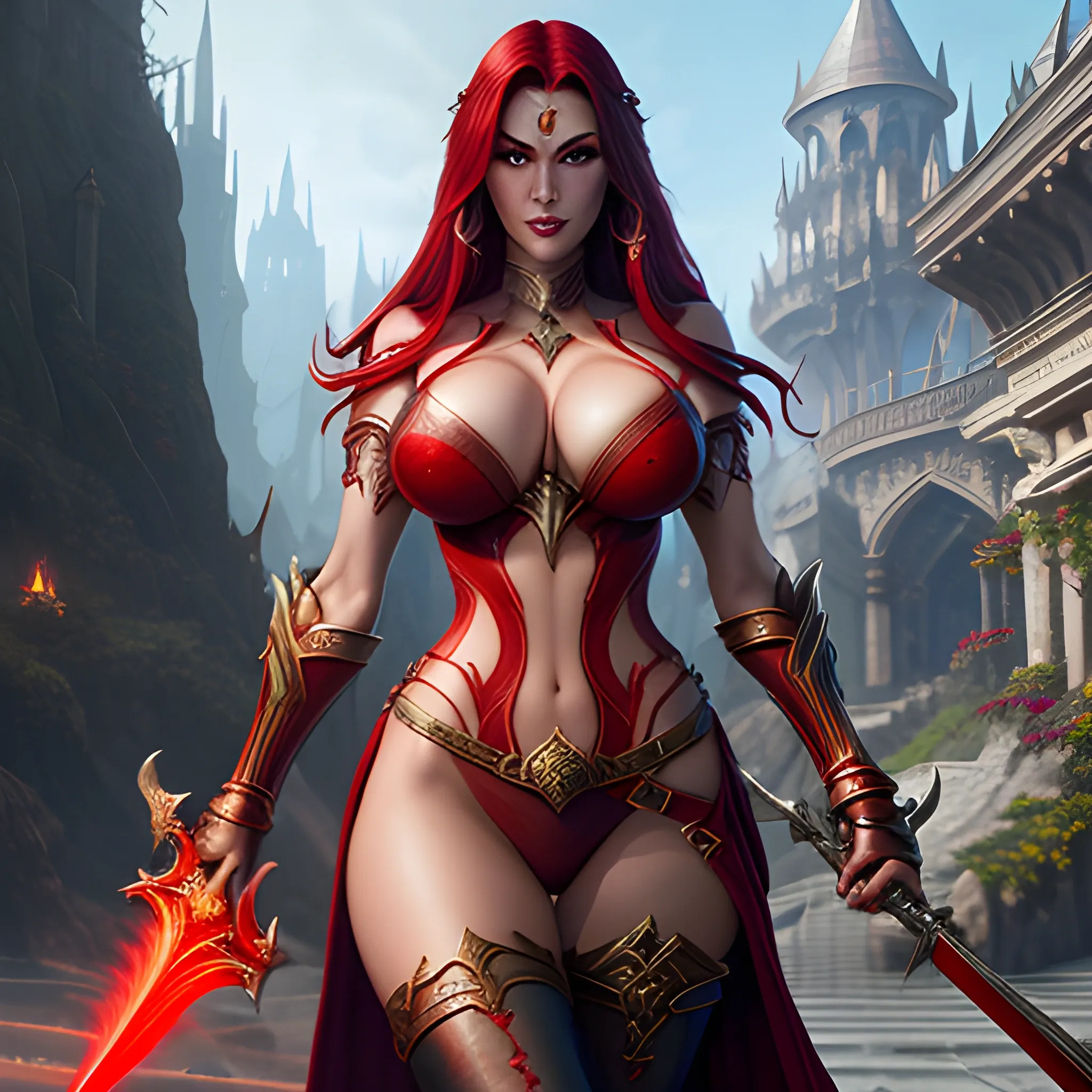 Red sorceress with sword in hand, big breasty, very beautiful and sexy, very beautiful face, young, skimpy clothes, spells, magic, photorealistic, hyperrealistic, 8k, high resolution, high quality, detailed, detailed matte painting, deep color, fantastical, intricate detail, splash screen, complementary colors, fantasy concept art, 8k resolution trending on Artstation Unreal Engine 5