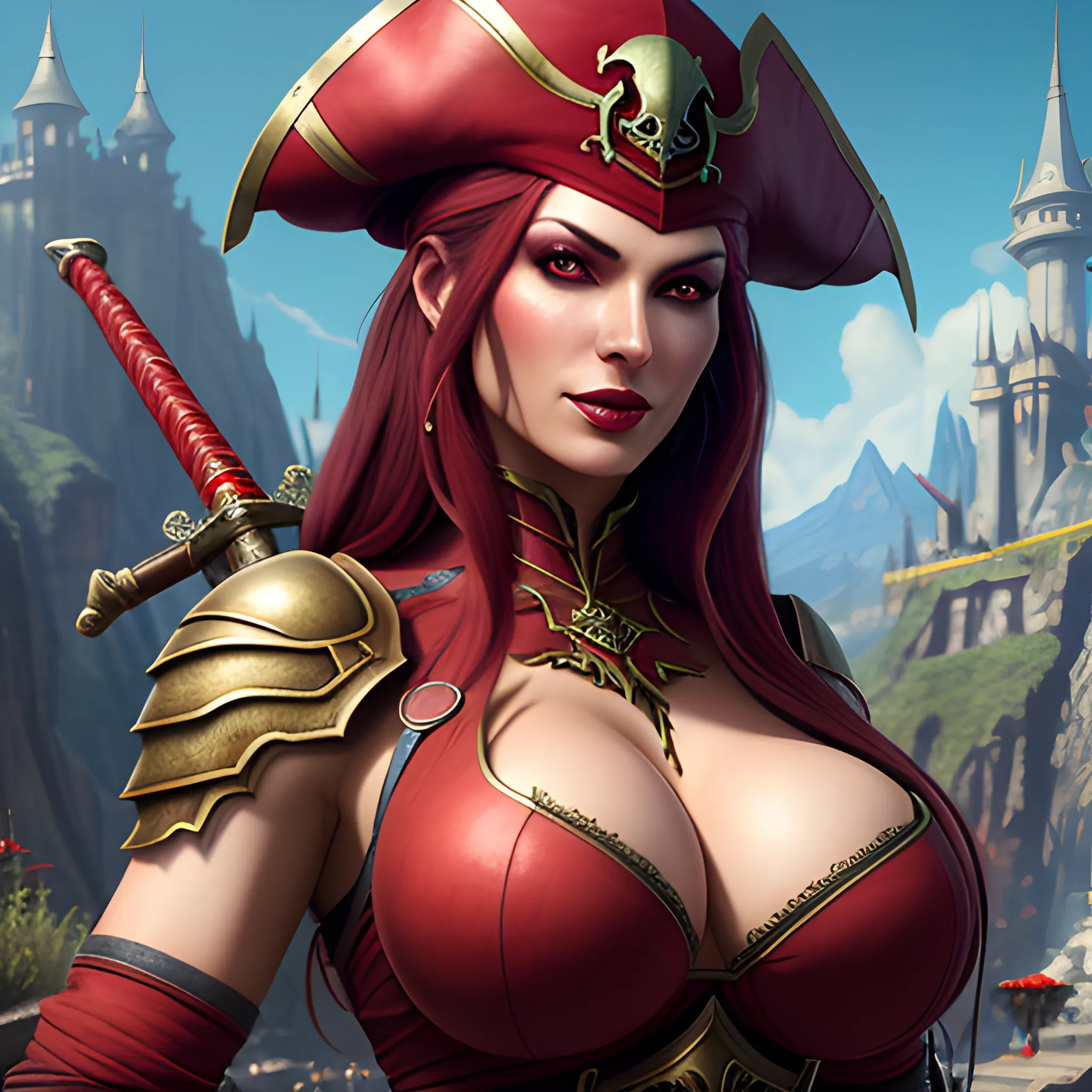 Red pirate with sword in hand, big breasty, very beautiful face, young, spells, magic, photorealistic, hyperrealistic, 8k, high resolution, high quality, detailed, detailed matte painting, deep color, fantastical, intricate detail, splash screen, complementary colors, fantasy concept art, 8k resolution trending on Artstation Unreal Engine 5