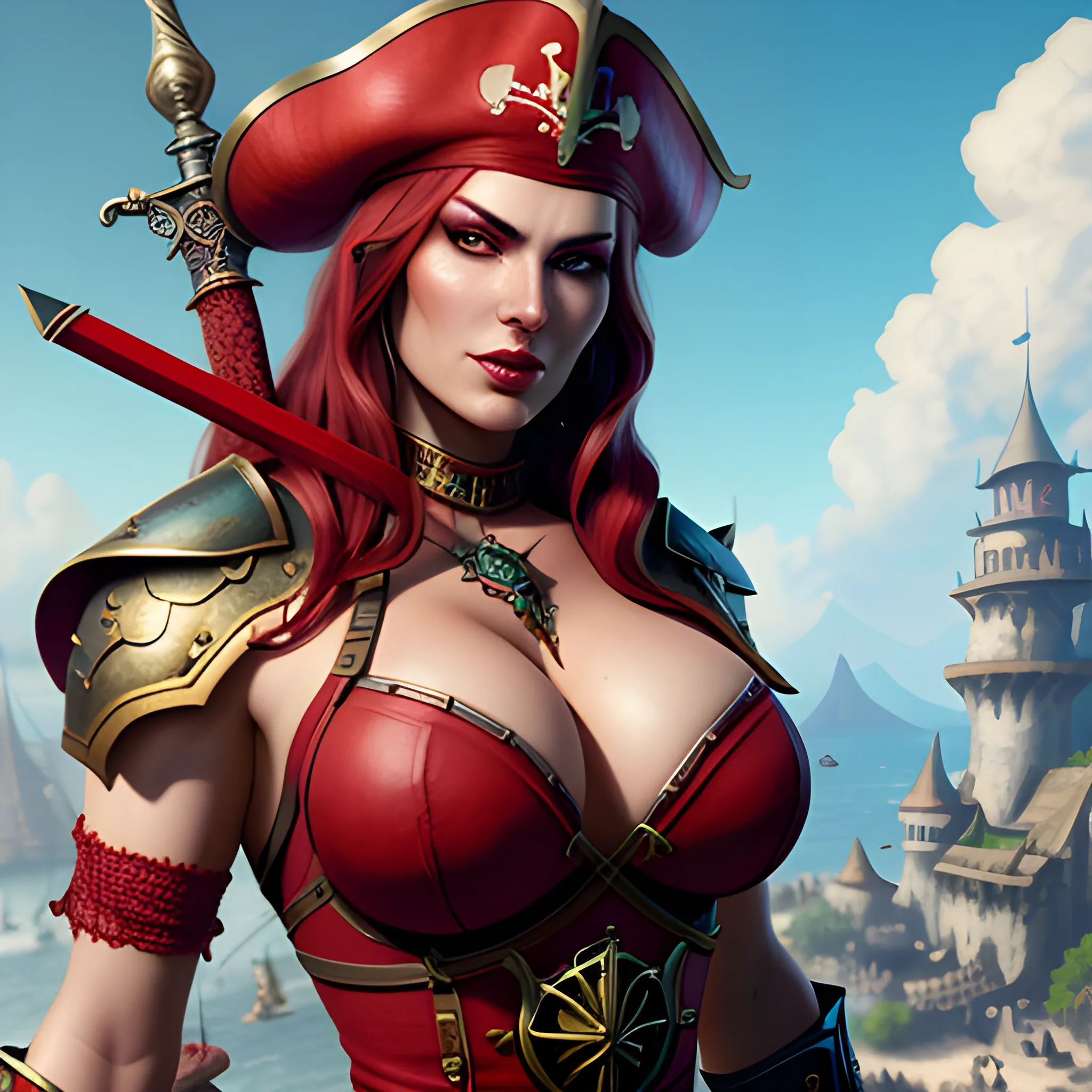 Red pirate with sword in hand, big breasty, very beautiful face, young, spells, magic, photorealistic, hyperrealistic, 8k, high resolution, high quality, detailed, detailed matte painting, deep color, fantastical, intricate detail, splash screen, complementary colors, fantasy concept art, 8k resolution trending on Artstation Unreal Engine 5