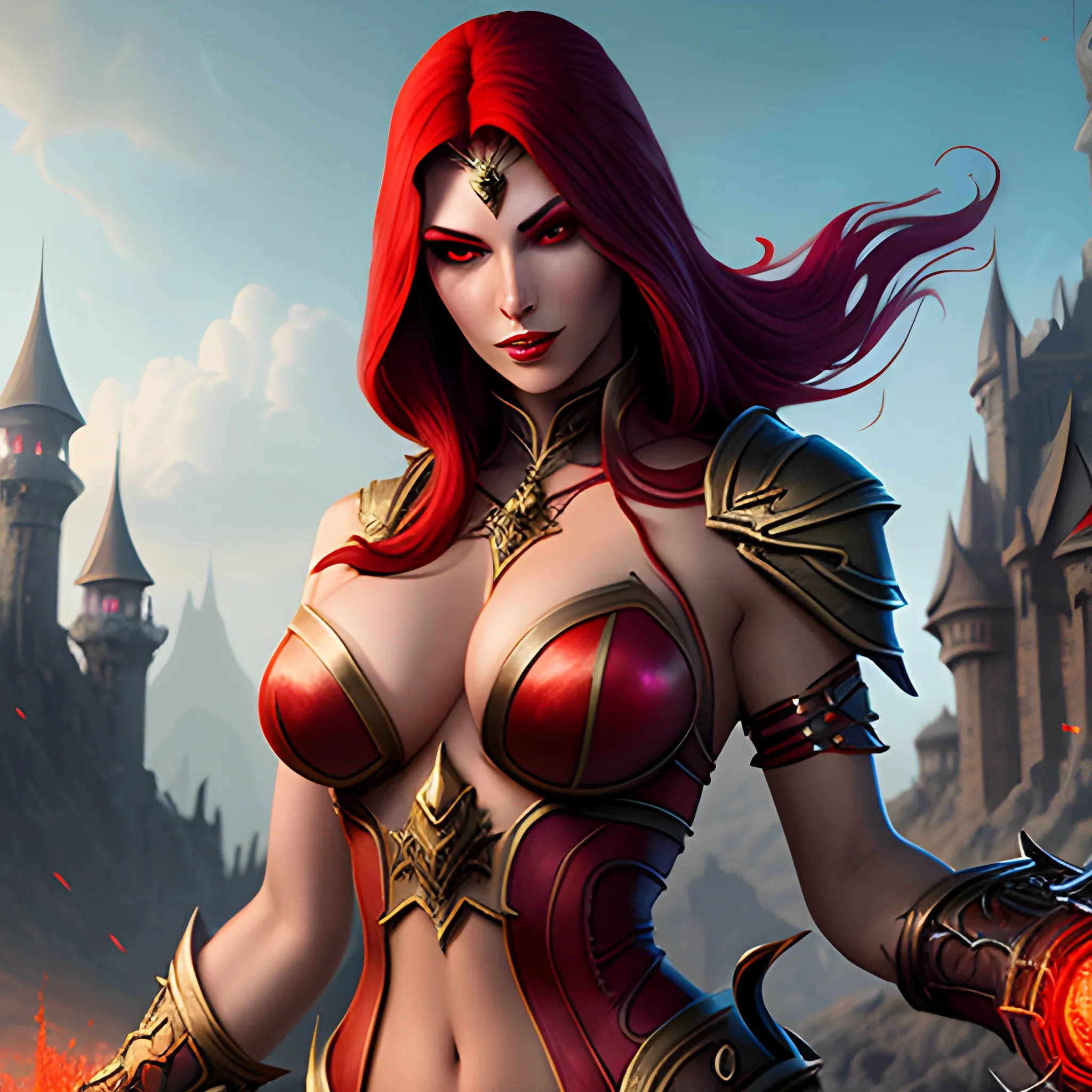 Red sorceress with sword in hand, big breasty, very beautiful face, young, under 18-years-old, teen, spells, magic, 8k, high resolution, high quality, detailed, detailed matte painting, deep color, fantastical, intricate detail, splash screen, complementary colors, fantasy concept art, 8k resolution trending on Artstation Unreal Engine 5