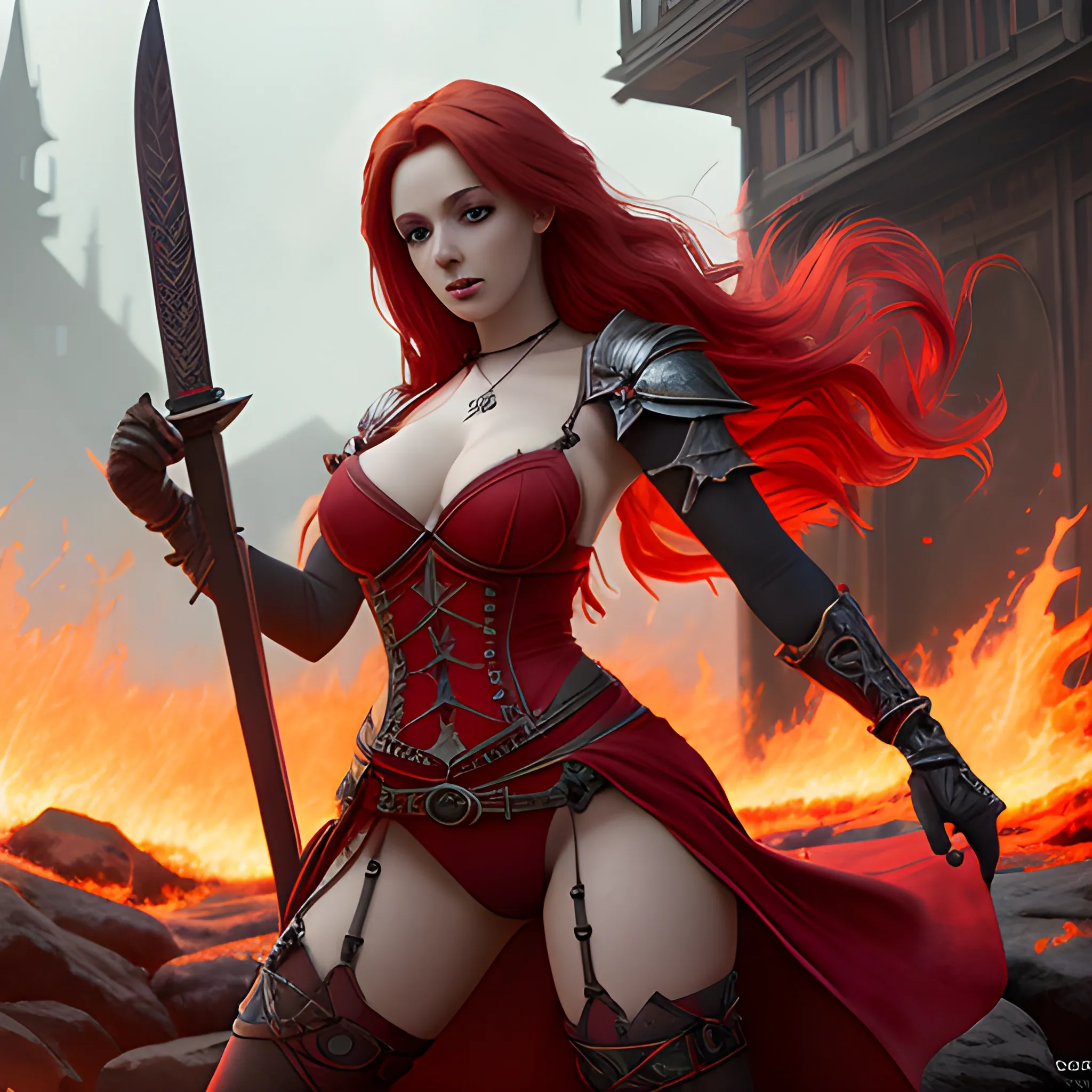 beautiful red witch with red hair and skimpy red clothes, fire is around her, She has a sword in her hand, breasty, high fantasy, 8k, high resolution, high quality, photorealistic, hyperealistic, detailed, detailed matte painting, deep color, fantastical, intricate detail, splash screen, complementary colors, fantasy concept art, 8k resolution trending on Artstation Unreal Engine 5