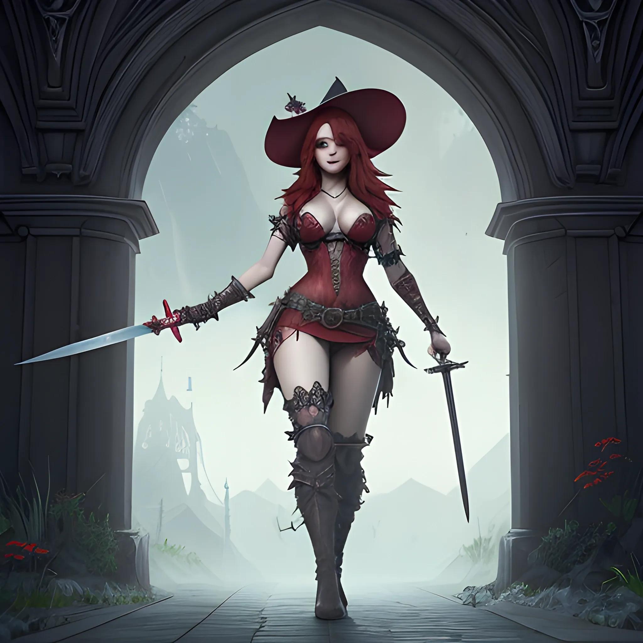 beautiful red witch with red hair, skimpy red clothes and witch hat, She has a sword in her hand, breasty, high fantasy, 8k, high resolution, high quality, photorealistic, hyperealistic, detailed, detailed matte painting, deep color, fantastical, intricate detail, splash screen, complementary colors, fantasy concept art, 8k resolution trending on Artstation Unreal Engine 5