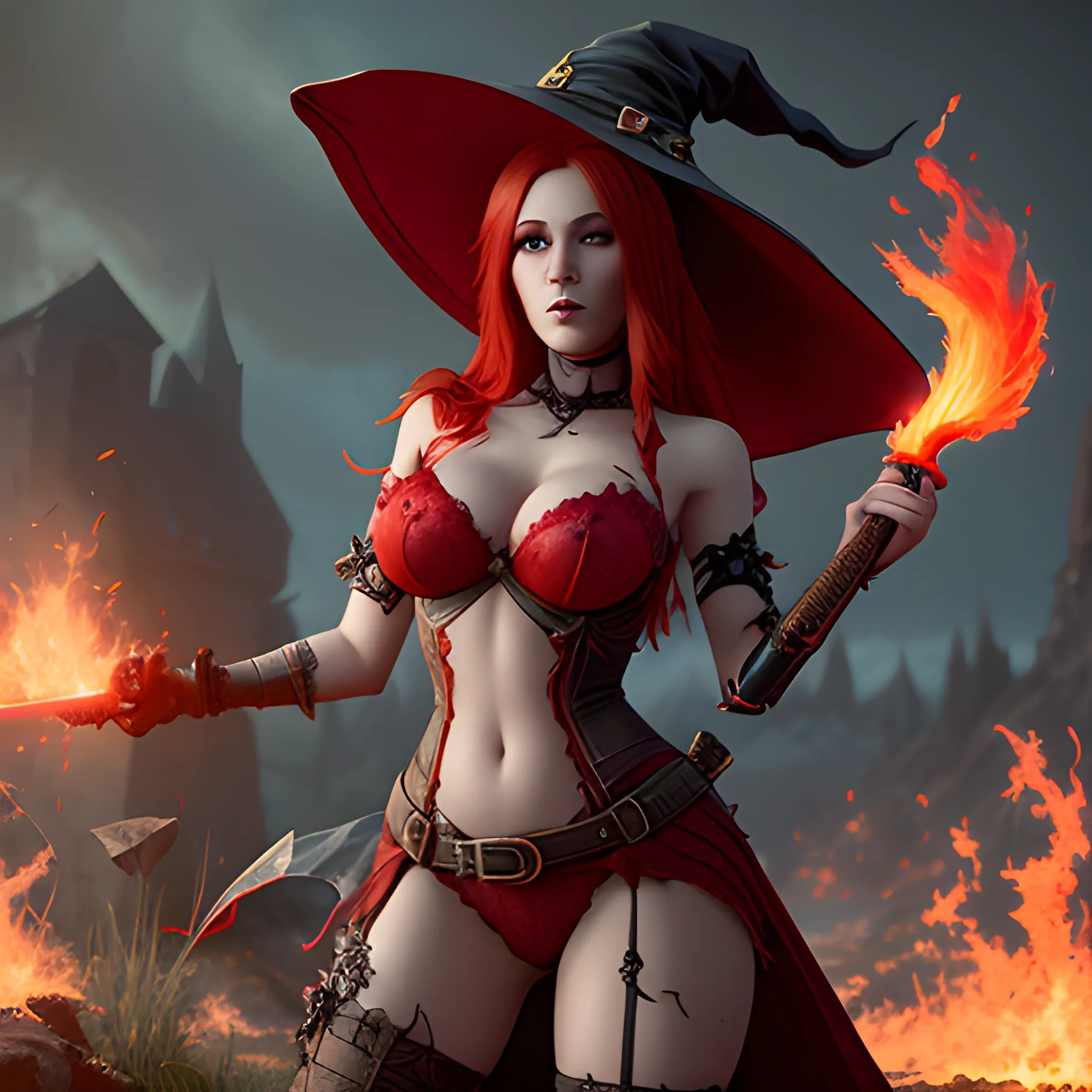 beautiful red witch with red hair, skimpy red clothes and witch hat fire is around her she has a sword, breasty, high fantasy, 8k, high resolution, high quality, photorealistic, hyperealistic, detailed, detailed matte painting, deep color, fantastical, intricate detail, splash screen, complementary colors, fantasy concept art, 8k resolution trending on Artstation Unreal Engine 5