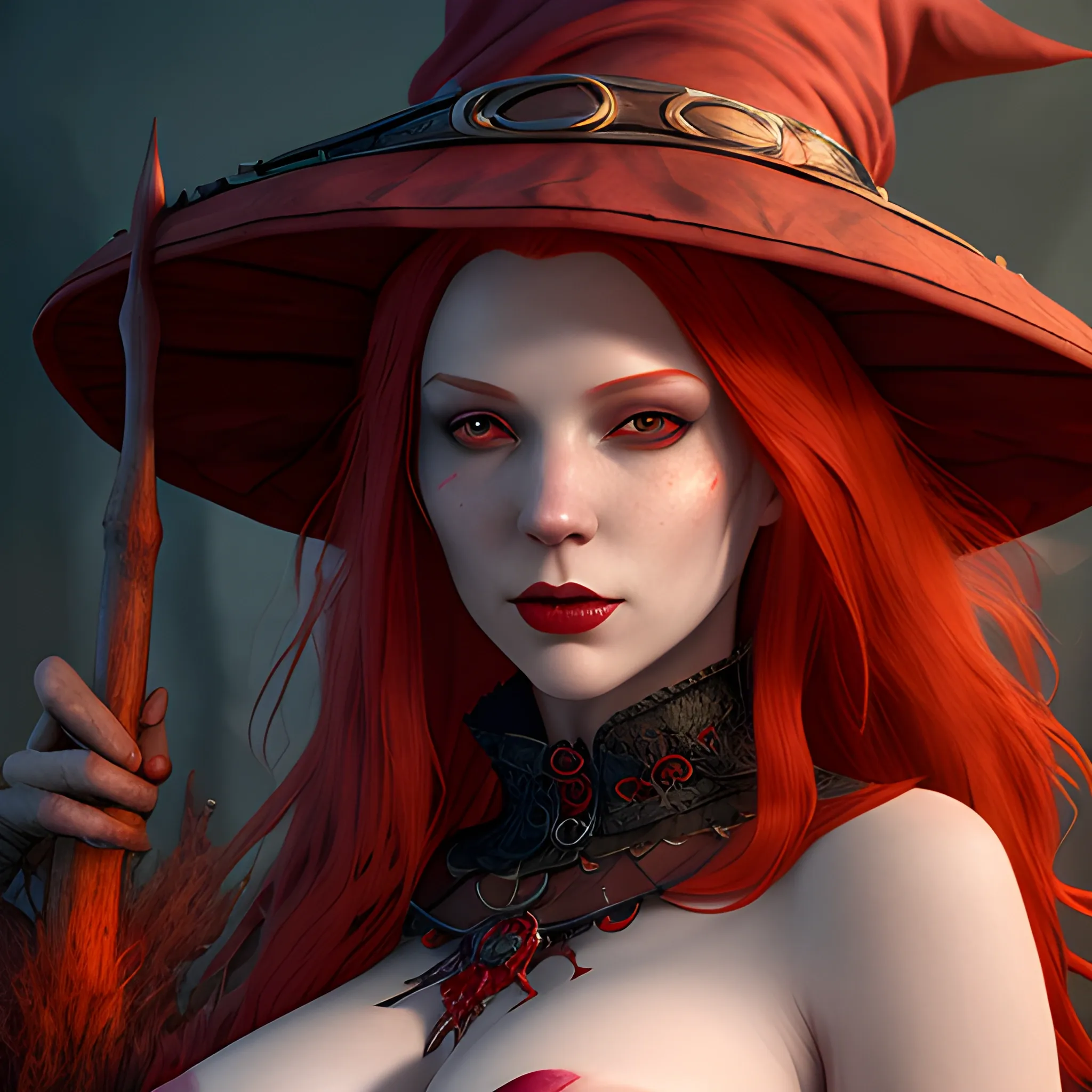 beautiful red witch with red hair with witch hat, breasty, high fantasy, 8k, high resolution, high quality, photorealistic, hyperealistic, detailed, detailed matte painting, deep color, fantastical, intricate detail, splash screen, complementary colors, fantasy concept art, 8k resolution trending on Artstation Unreal Engine 5