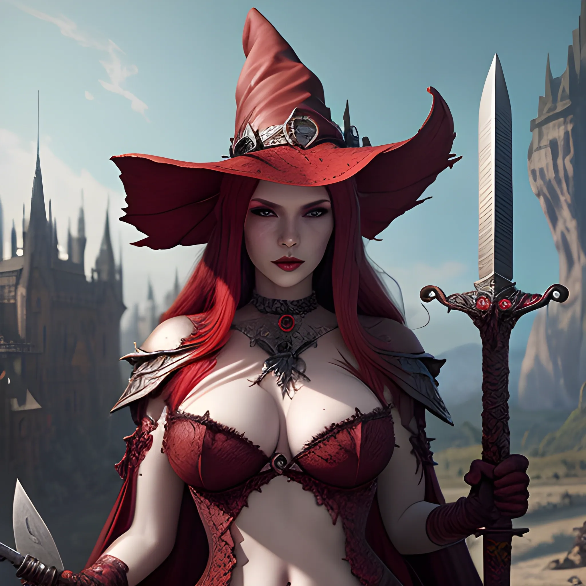 beautiful red witch with witch hat and sword, breasty, sexy, sword, high fantasy, 8k, high resolution, high quality, photorealistic, hyperealistic, detailed, detailed matte painting, deep color, fantastical, intricate detail, splash screen, complementary colors, fantasy concept art, 8k resolution trending on Artstation Unreal Engine 5