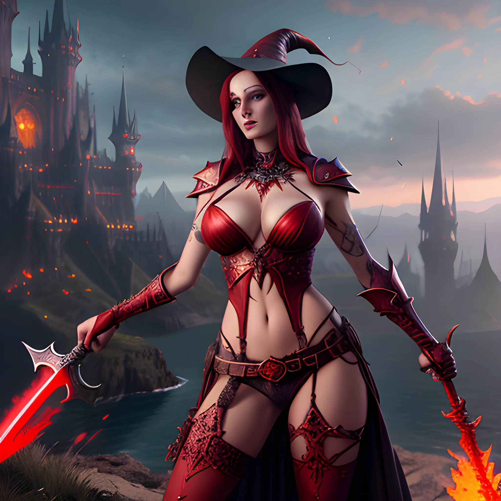 young red witch with witch hat and sword, skimpy clothes, breasty, sexy, sword, high fantasy, 8k, high resolution, high quality, photorealistic, hyperealistic, detailed, detailed matte painting, deep color, fantastical, intricate detail, splash screen, complementary colors, fantasy concept art, 8k resolution trending on Artstation Unreal Engine 5