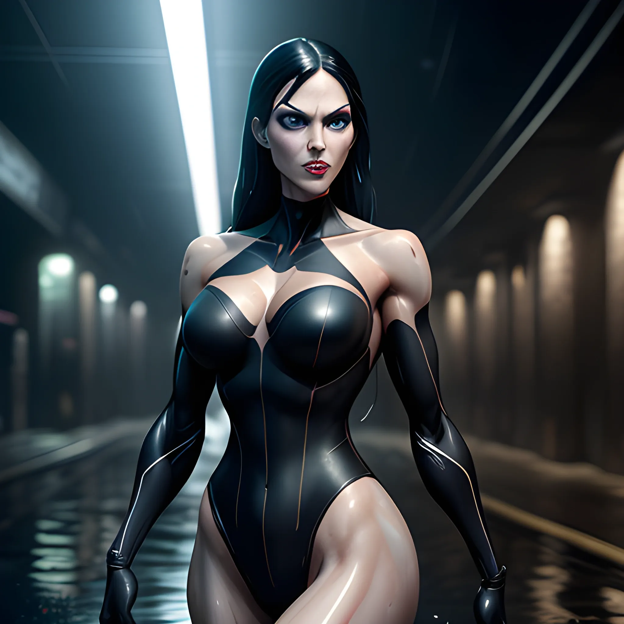 Batgirl,slender body,.Perfect Muscle cuts,Big Breasts,Muscular abs,Strapless Leotard,Walking in dark sewer tunnel ,full body view,Photorealistic,Cinematic,8K UHD(((Dark))) environment,, ultra realistic, concept art, elegant, ((intricate)), ((highly detailed)), depth of field, ((professionally color graded)), soft ambient lighting, Mid day,Heavy Rain, 8k,Soaking wet,Soaking wet,pixar movie. 3 d rendering. unreal engine. amazing likeness. very detailed. cartoon caricature