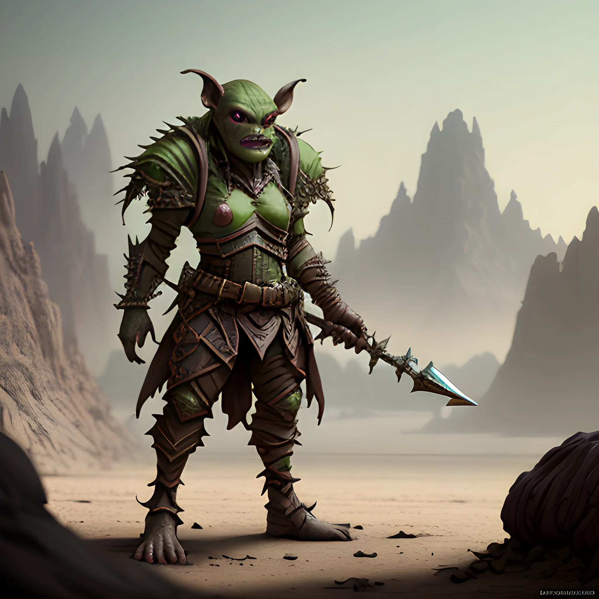 goblin soldier, mediaval, high fantasy, high resolution, desert, high quality, photorealistic, hyperealistic, detailed, detailed matte painting, deep color, fantastical, intricate detail, splash screen, complementary colors, fantasy concept art, 8k resolution trending on Artstation Unreal Engine 5