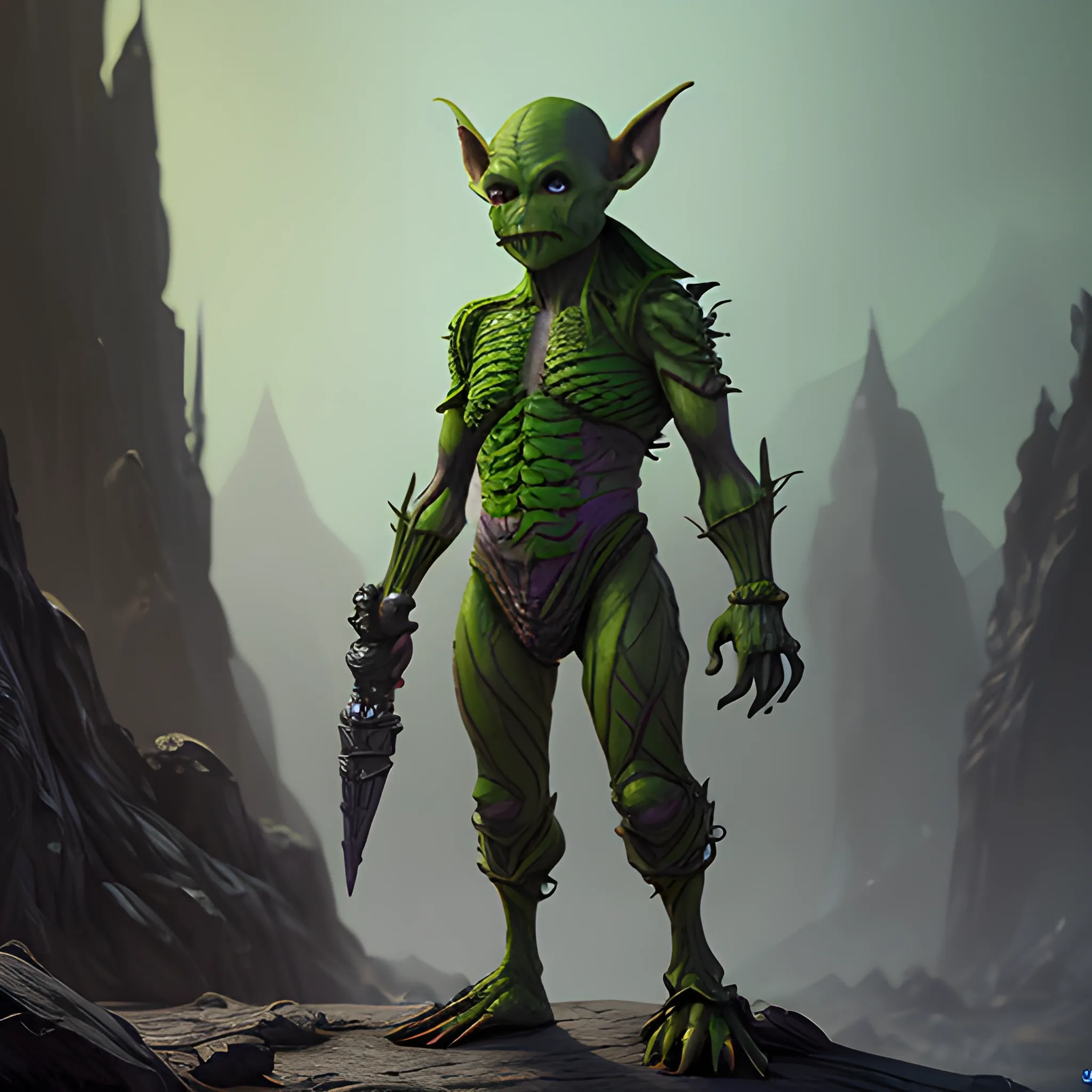 short goblin, green goblin, goblin soldier, full body view, high fantasy, 8k, high resolution, high quality, photorealistic, hyperealistic, detailed, detailed matte painting, deep color, fantastical, intricate detail, splash screen, complementary colors, fantasy concept art, 8k resolution trending on Artstation Unreal Engine 5