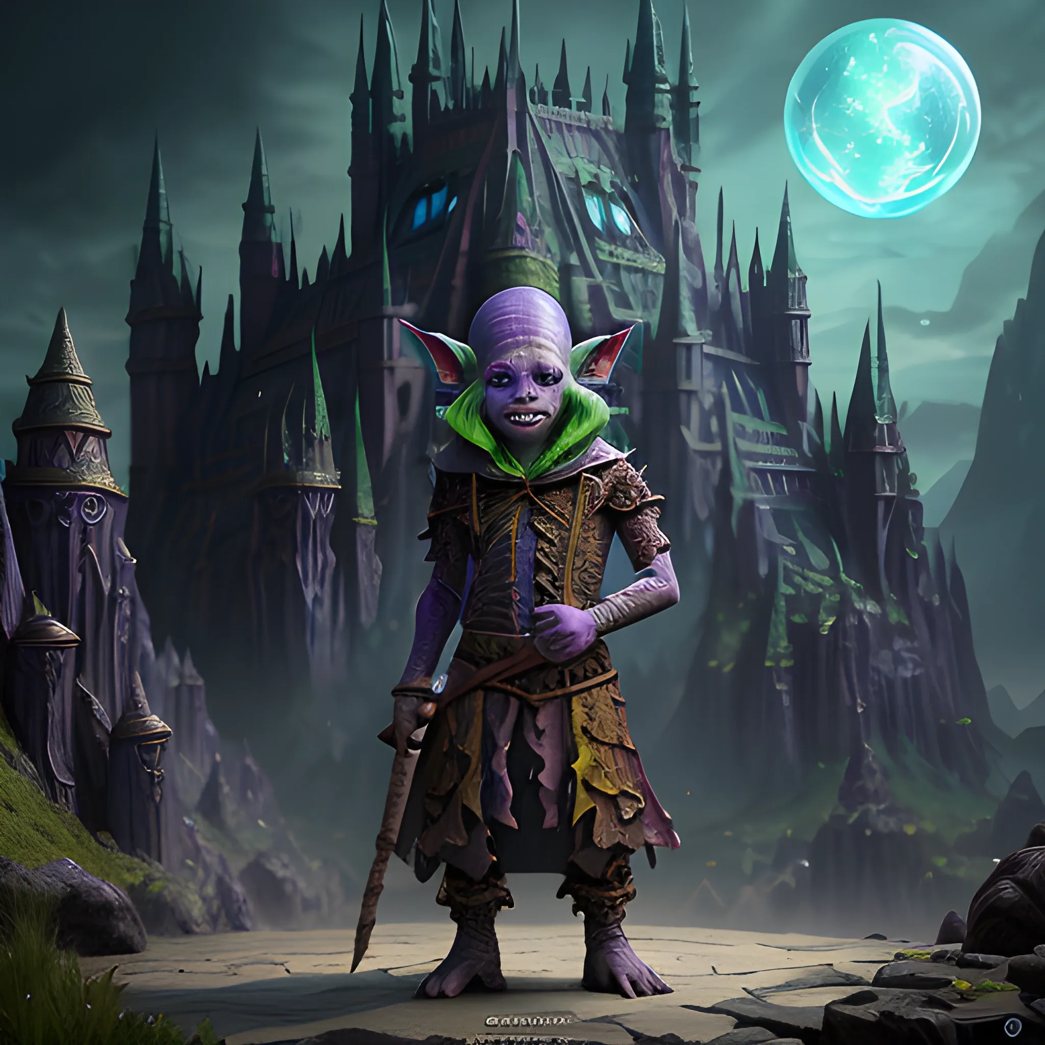 mage goblin, spell, magic, full body view, high fantasy, 8k, high resolution, high quality, photorealistic, hyperealistic, detailed, detailed matte painting, deep color, fantastical, intricate detail, splash screen, complementary colors, fantasy concept art, 8k resolution trending on Artstation Unreal Engine 5