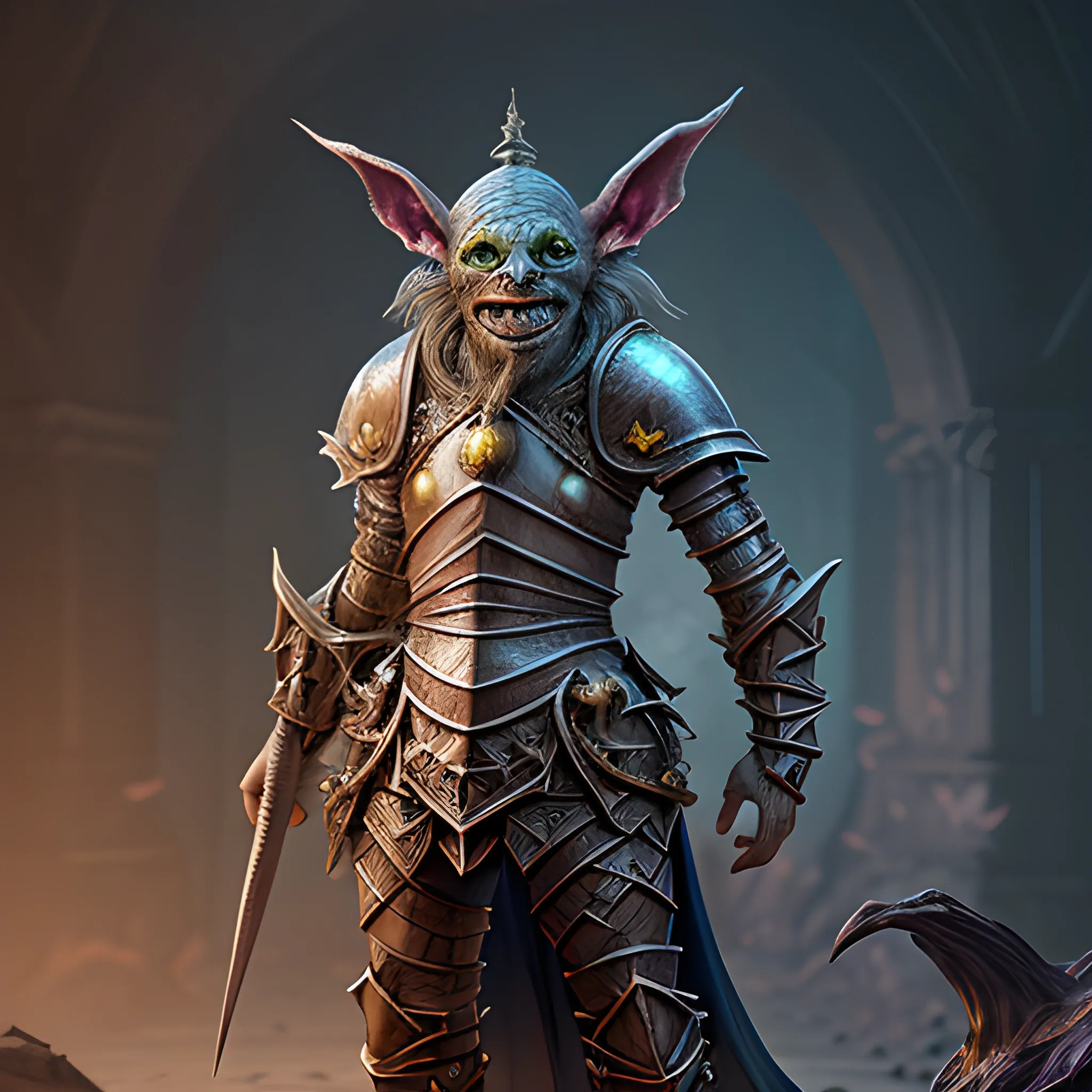 knight goblin, spell, magic, full body view, detailed face, high fantasy, 8k, high resolution, high quality, photorealistic, hyperealistic, detailed, detailed matte painting, deep color, fantastical, intricate detail, splash screen, complementary colors, fantasy concept art, 8k resolution trending on Artstation Unreal Engine 5