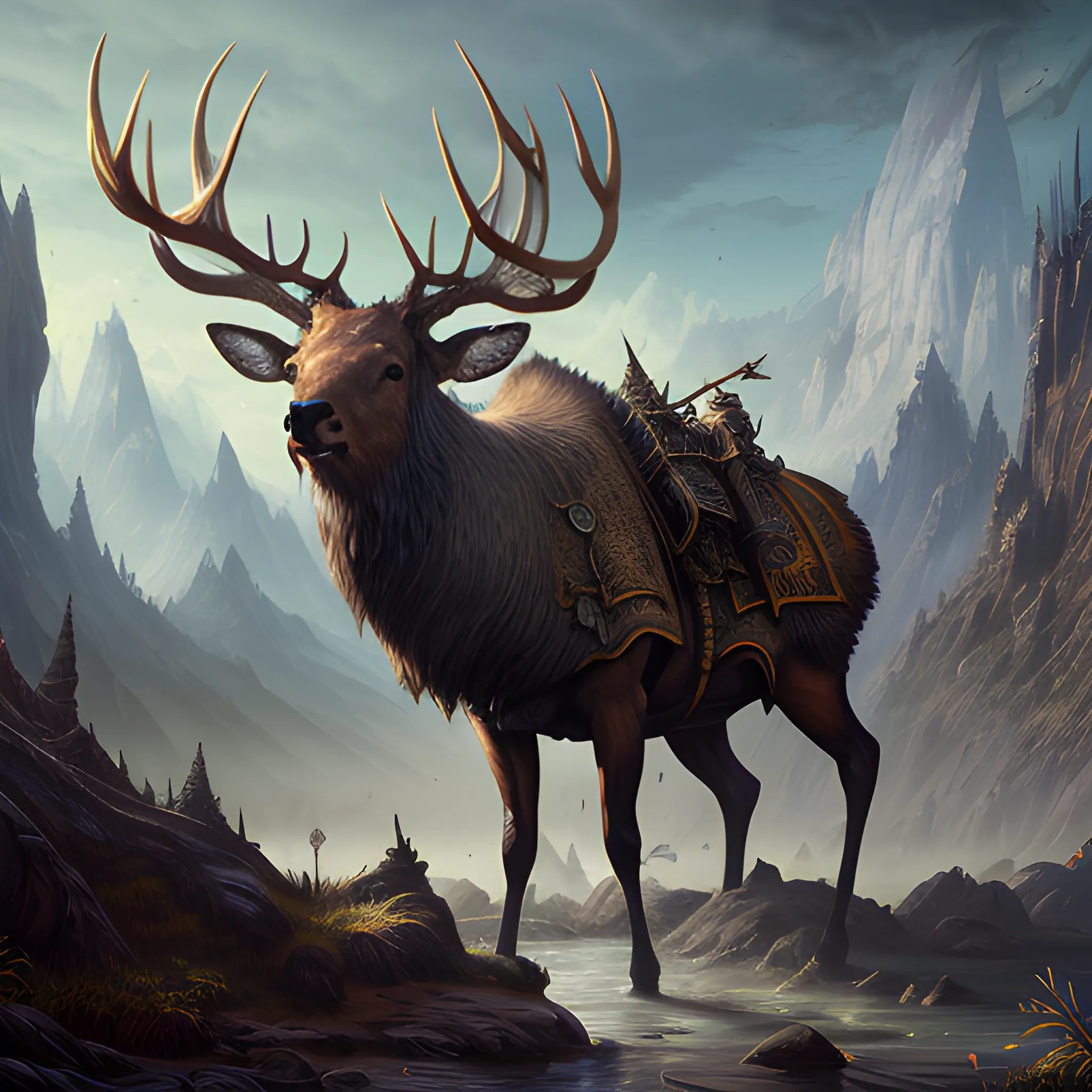 elk, high fantasy, 8k, high resolution, high quality, photorealistic, hyperealistic, detailed, detailed matte painting, deep color, fantastical, intricate detail, splash screen, complementary colors, fantasy concept art, 8k resolution trending on Artstation Unreal Engine 5