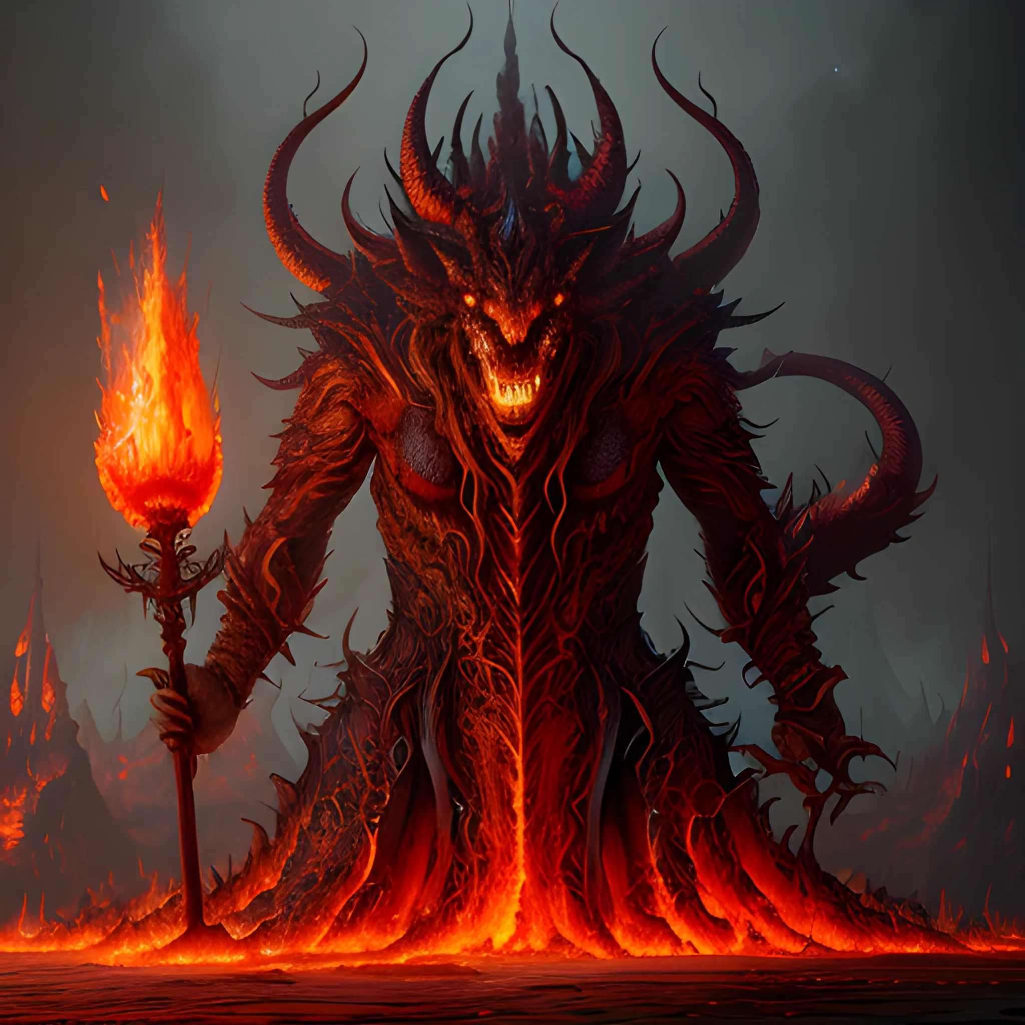 big fire demon, big flame demon, fire, flames, high fantasy, 8k, high resolution, high quality, photorealistic, hyperealistic, detailed, detailed matte painting, deep color, fantastical, intricate detail, splash screen, complementary colors, fantasy concept art, 8k resolution trending on Artstation Unreal Engine 5