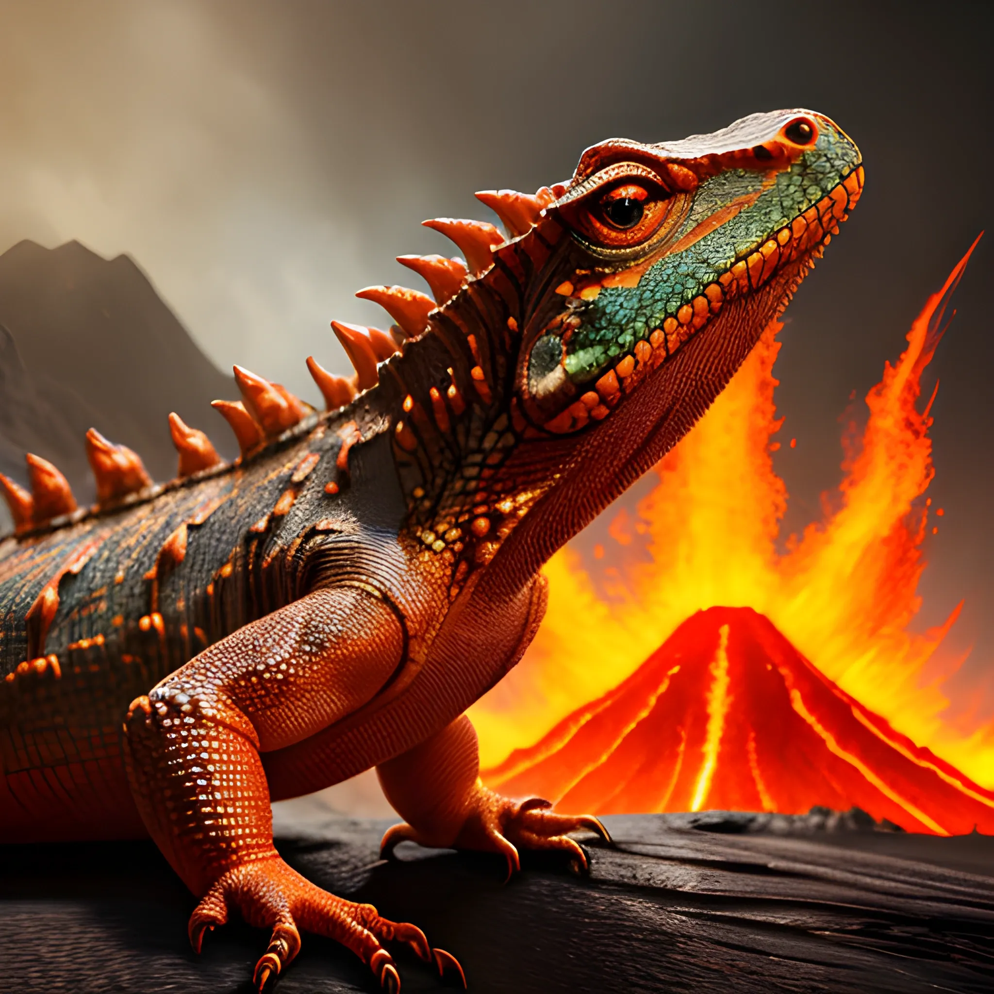 fire, flames, vulcano lizard, red lizard, giant lizard, fire, flames, high fantasy, 8k, high resolution, high quality, photorealistic, hyperealistic, detailed, detailed matte painting, deep color, fantastical, intricate detail, splash screen, complementary colors, fantasy concept art, 8k resolution trending on Artstation Unreal Engine 5