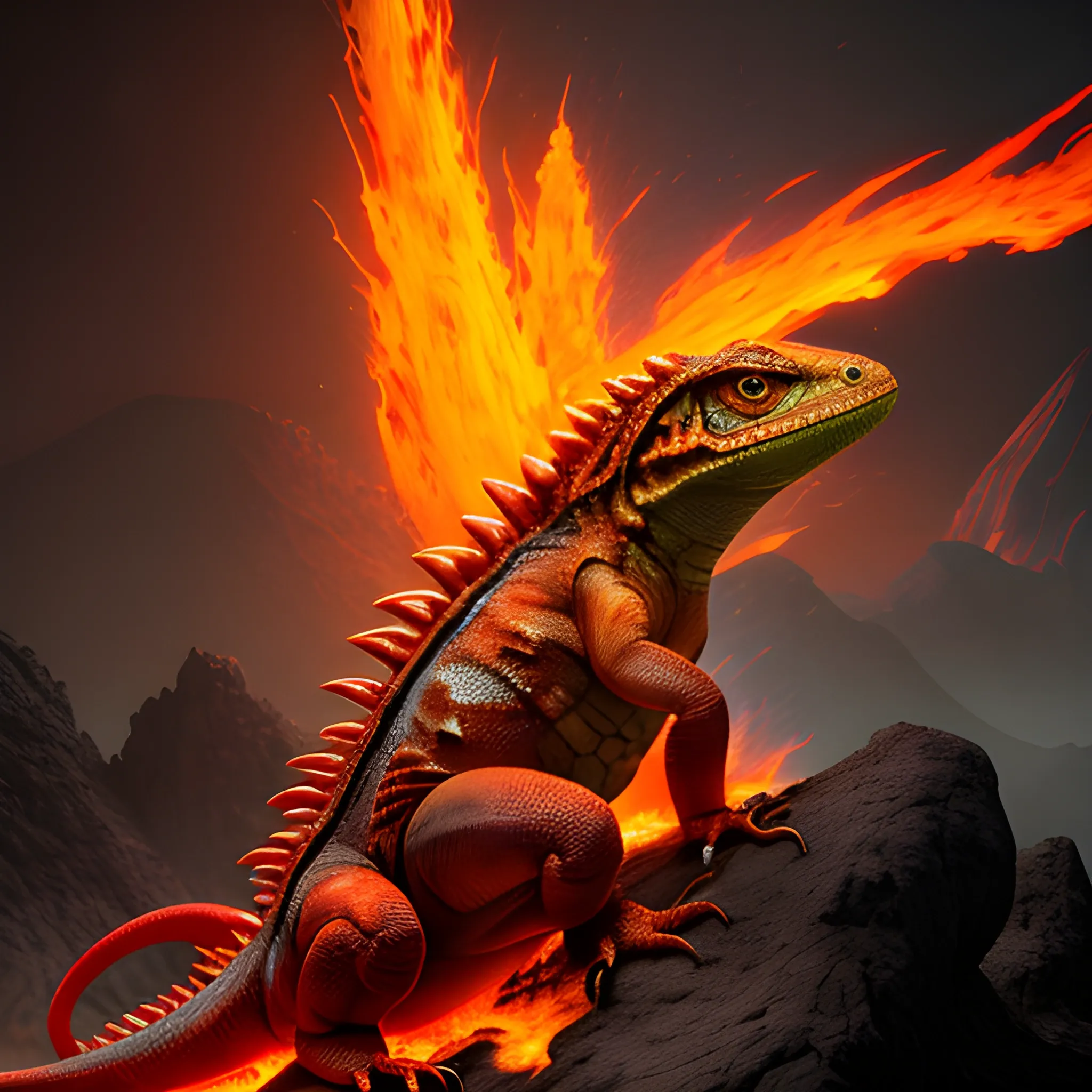 fire, flames, vulcano lizard, red lizard, giant lizard, fire, flames, high fantasy, 8k, high resolution, high quality, detailed, detailed matte painting, deep color, fantastical, intricate detail, splash screen, complementary colors, fantasy concept art, 8k resolution trending on Artstation Unreal Engine 5