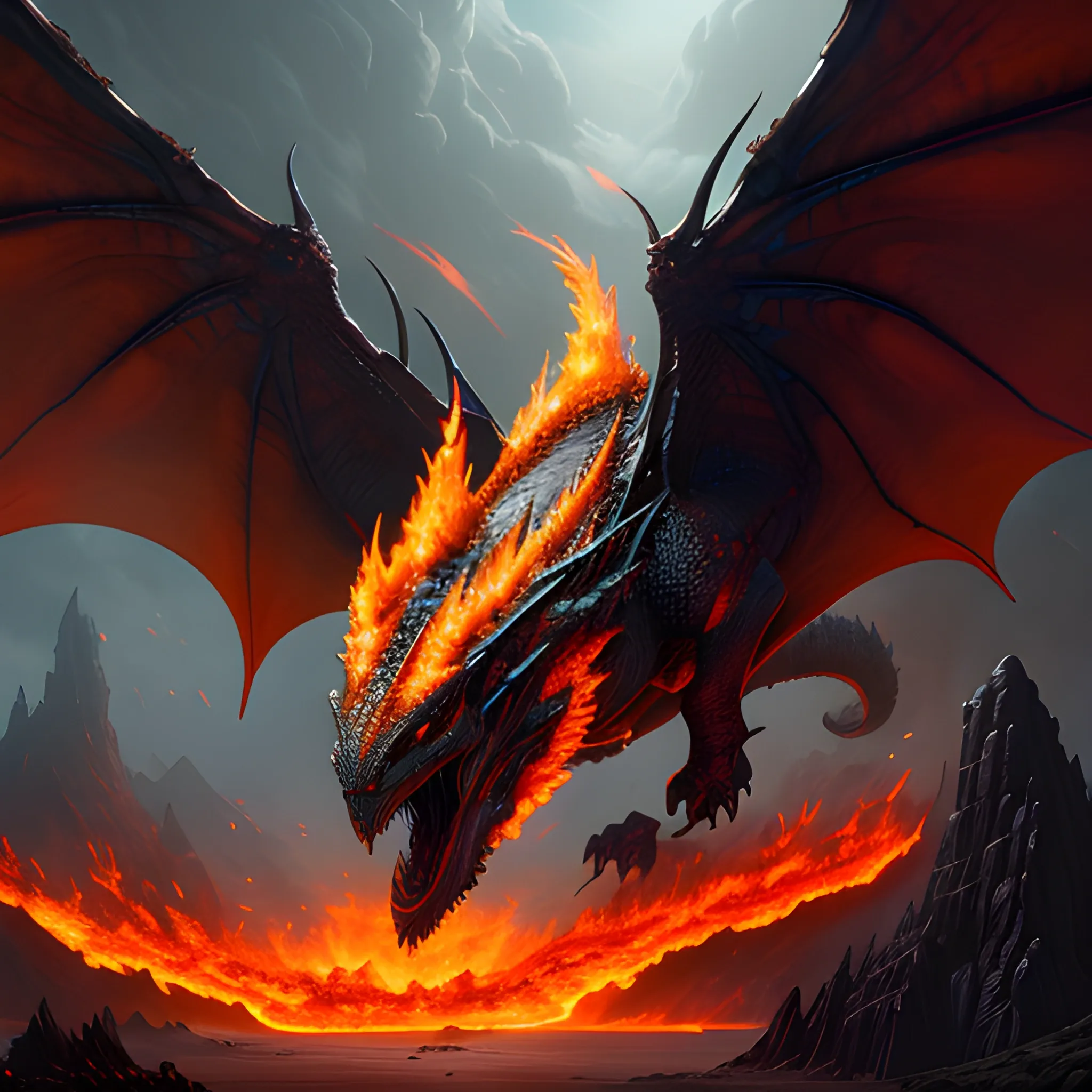 burning giant wyvern, fire and flames, high fantasy, 8k, high resolution, high quality, detailed, detailed matte painting, deep color, fantastical, intricate detail, splash screen, complementary colors, fantasy concept art, 8k resolution trending on Artstation Unreal Engine 5